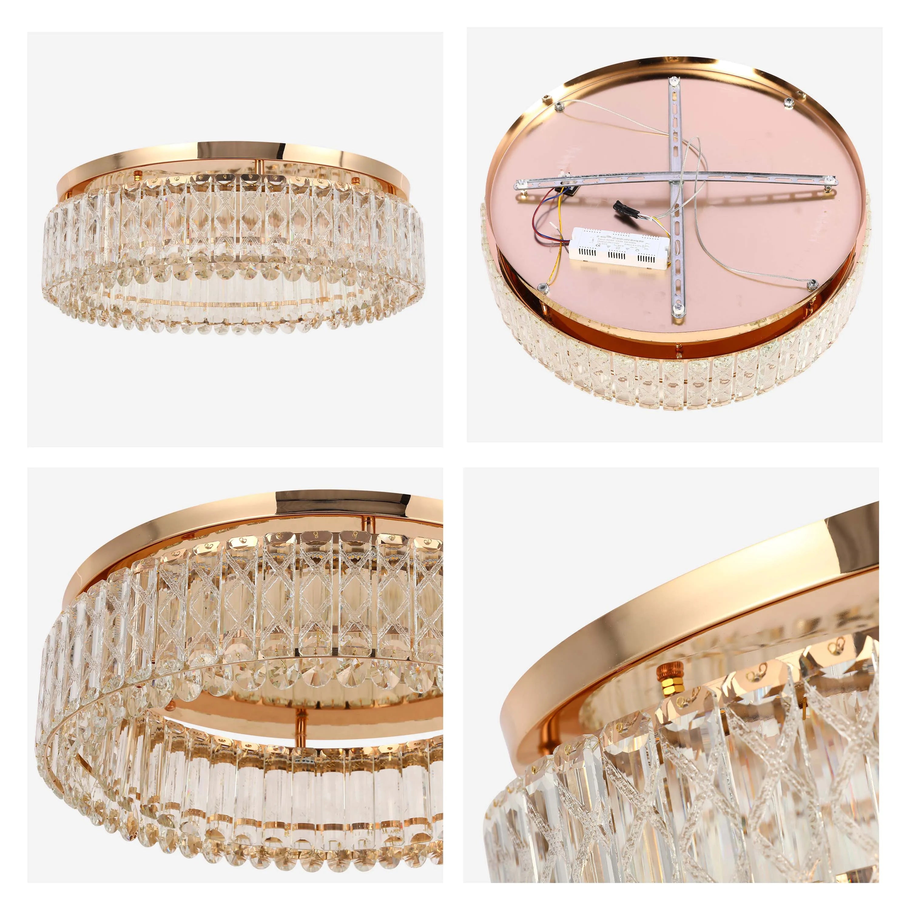 A gold, circular crystal light fixture, offering an elegant, modern touch to any space.