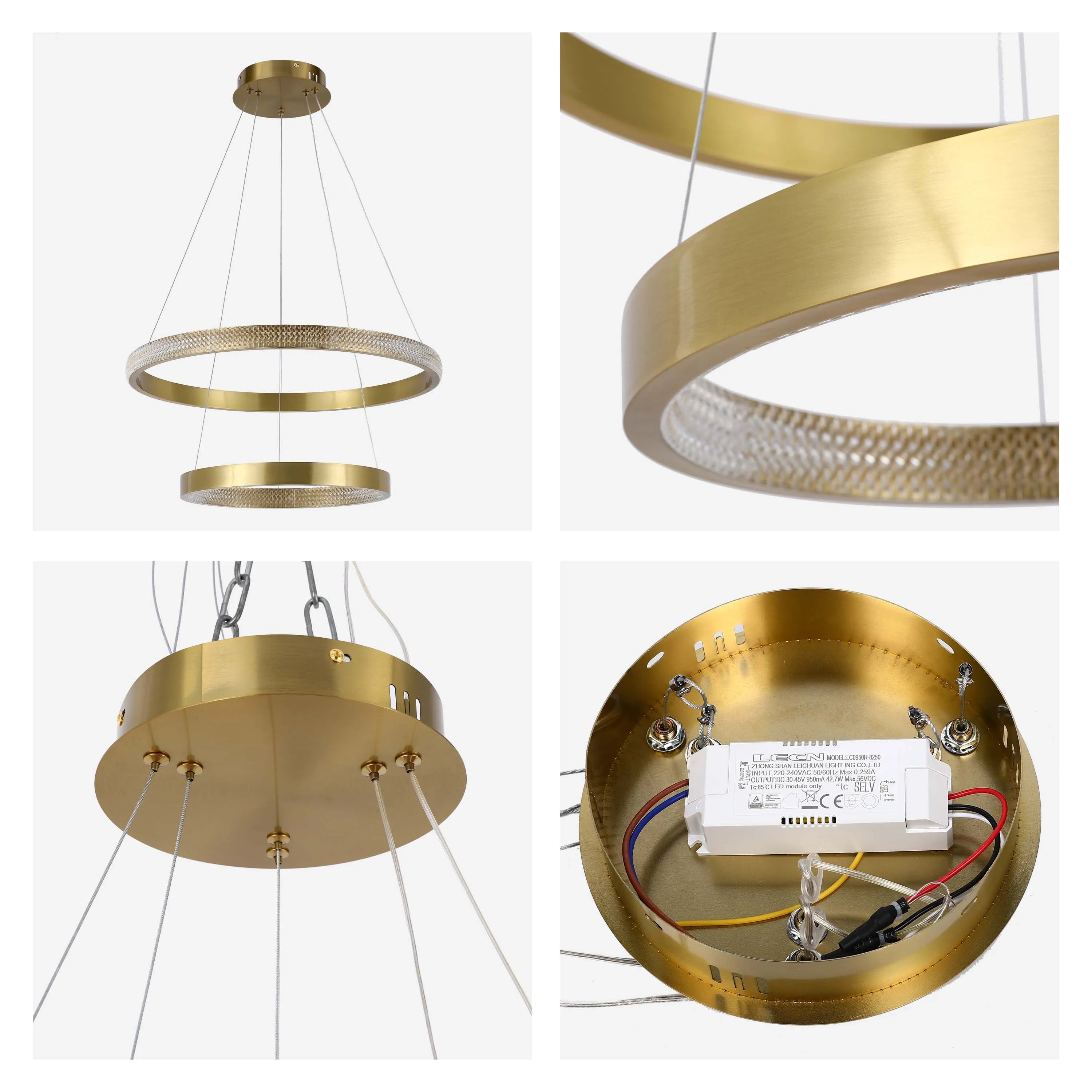 A modern two-tiered ring chandelier with a gold finish and integrated LED lighting, displayed in a bright, clean style.