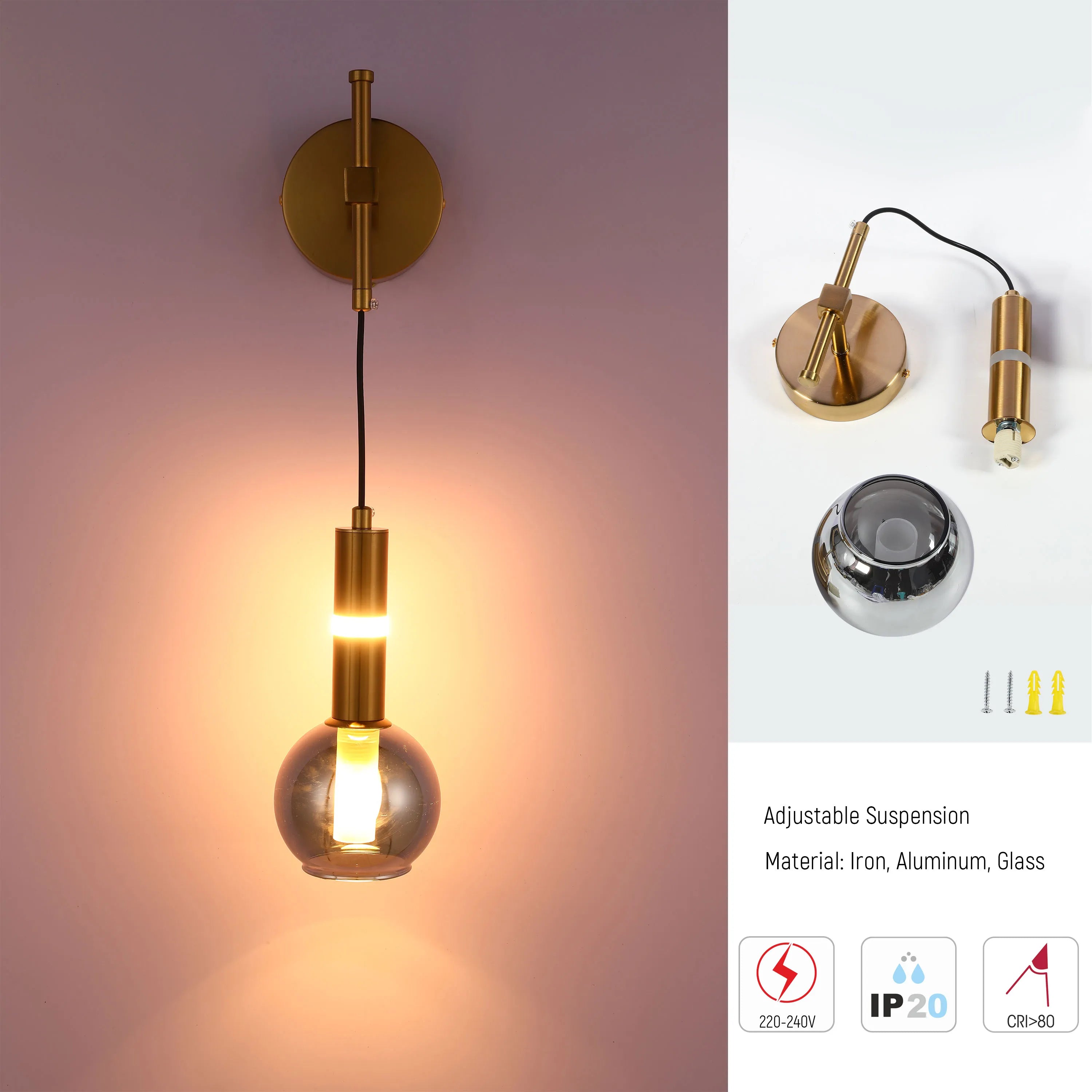 A modern wall light fixture with brass fittings. It features a suspended glass globe lamp, providing warm ambient lighting.
