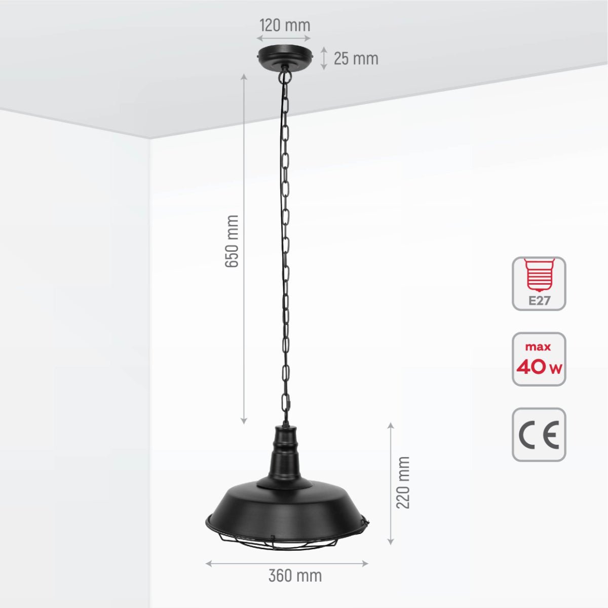 Hanging black metal pendant light fixture with chain and dimensions.