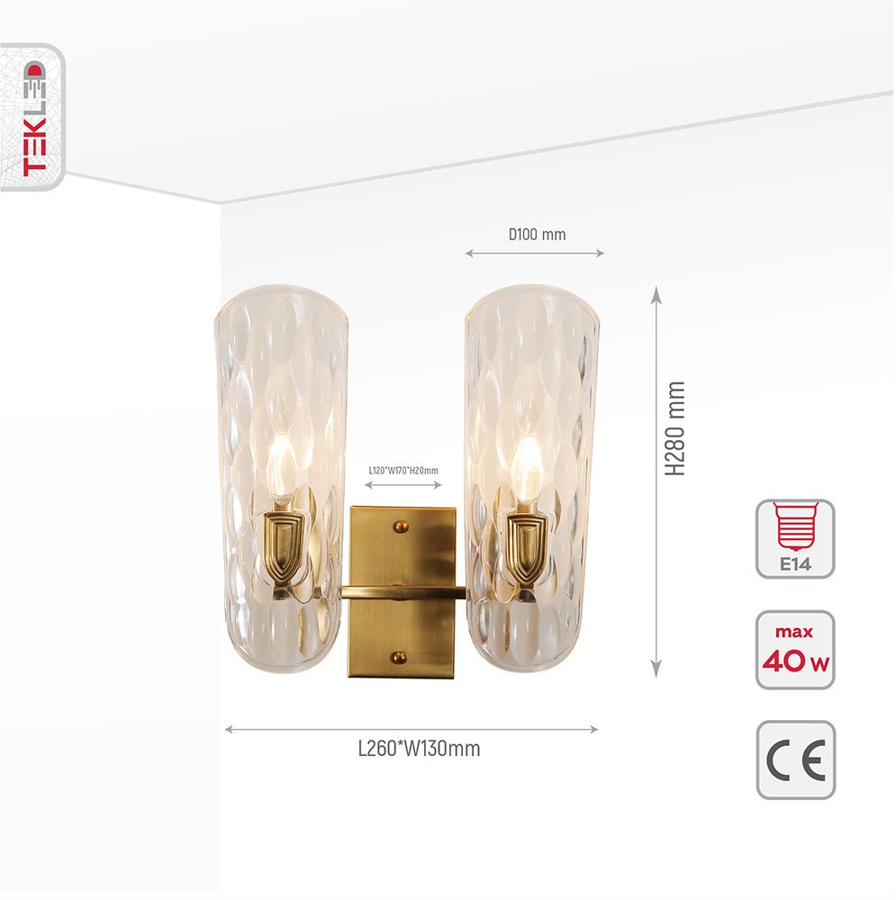 Product dimensions of gold aluminium bronze metal clear glass wall light 2xe14