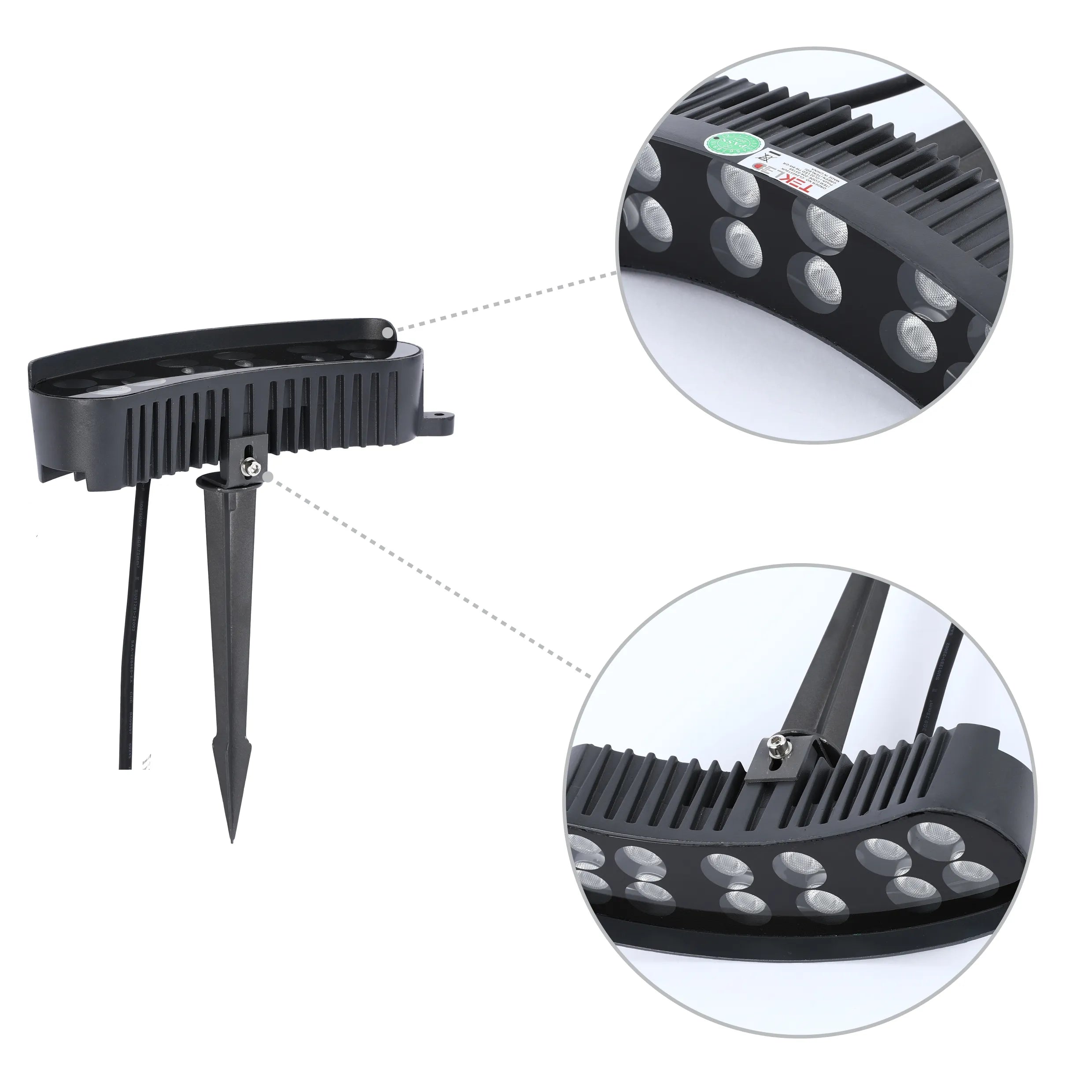 A black outdoor LED spotlight with a spike mount. Close-ups show the light's heat sink and LED array.