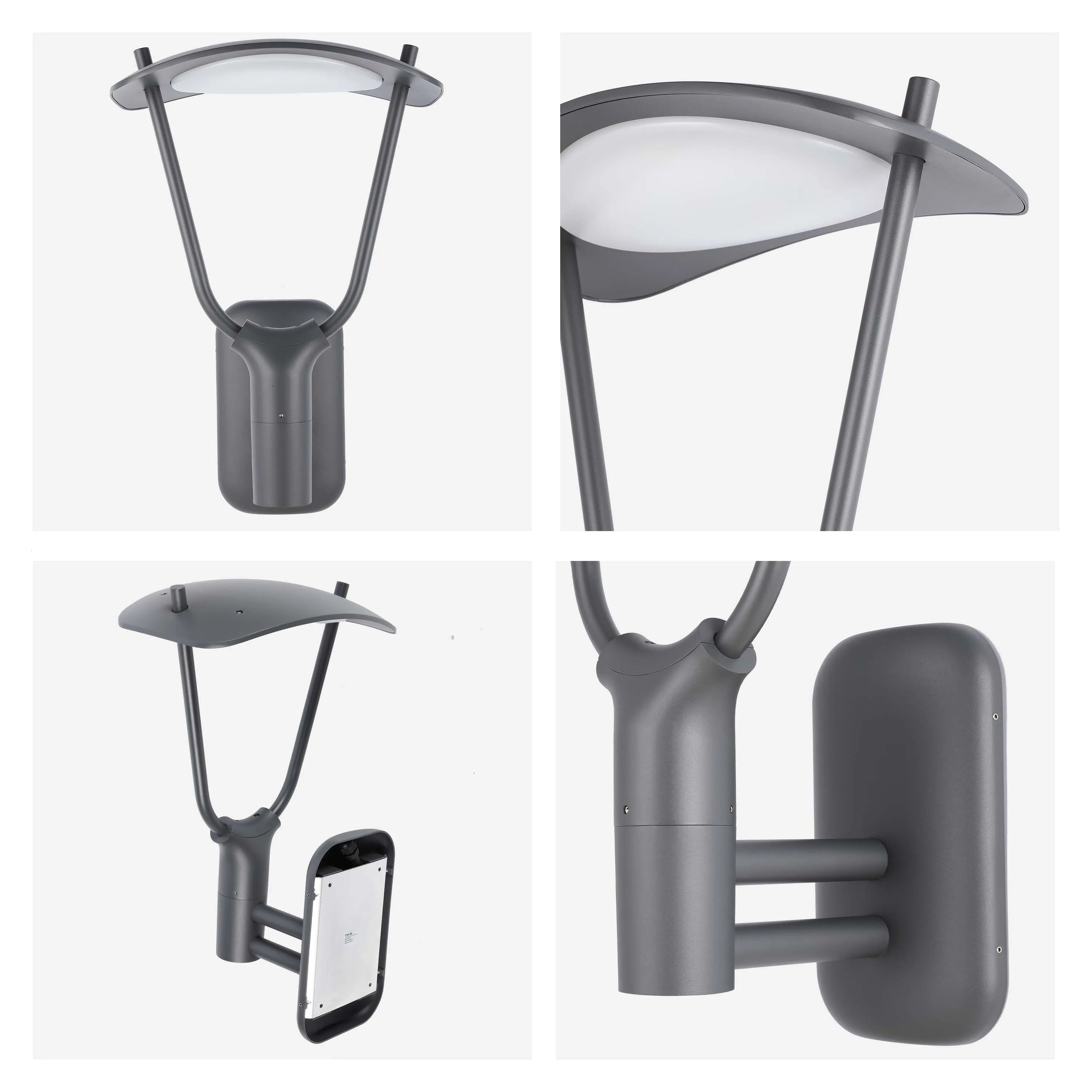 Modern, grey outdoor lighting fixture. A sleek and stylish LED lantern designed for post or wall mounting.