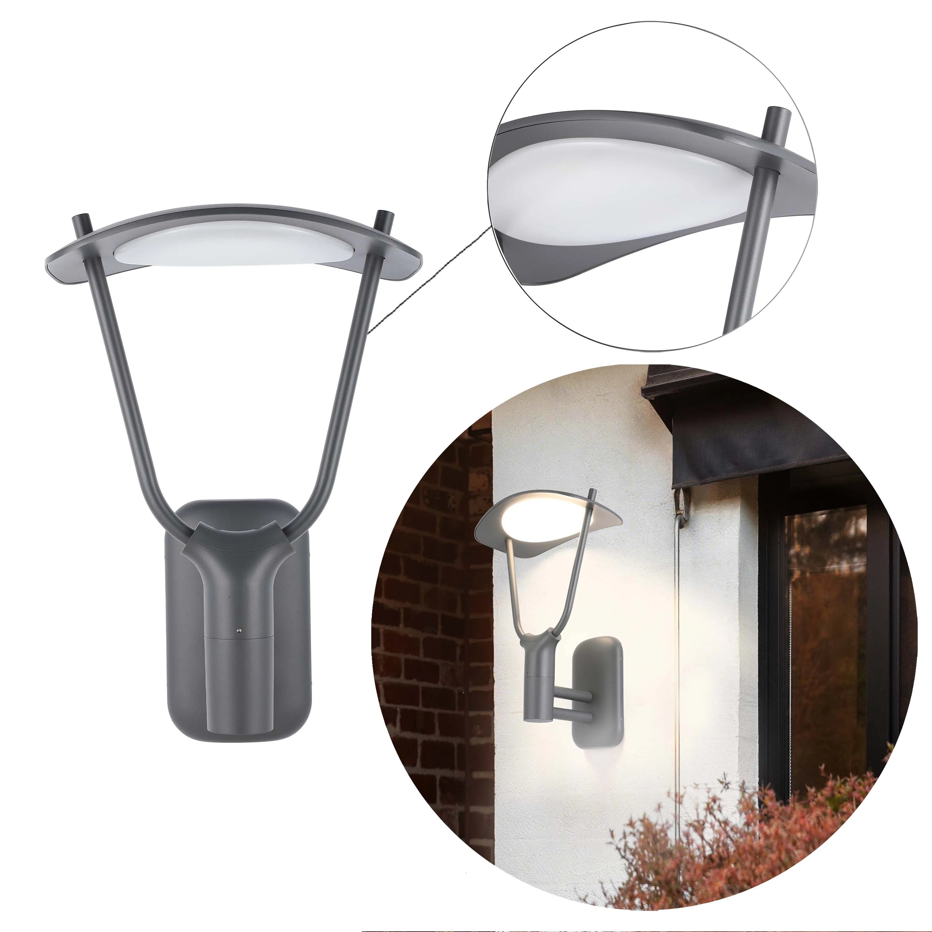 A modern grey outdoor wall light. Its contemporary design provides a stylish and practical lighting solution for any outdoor space.