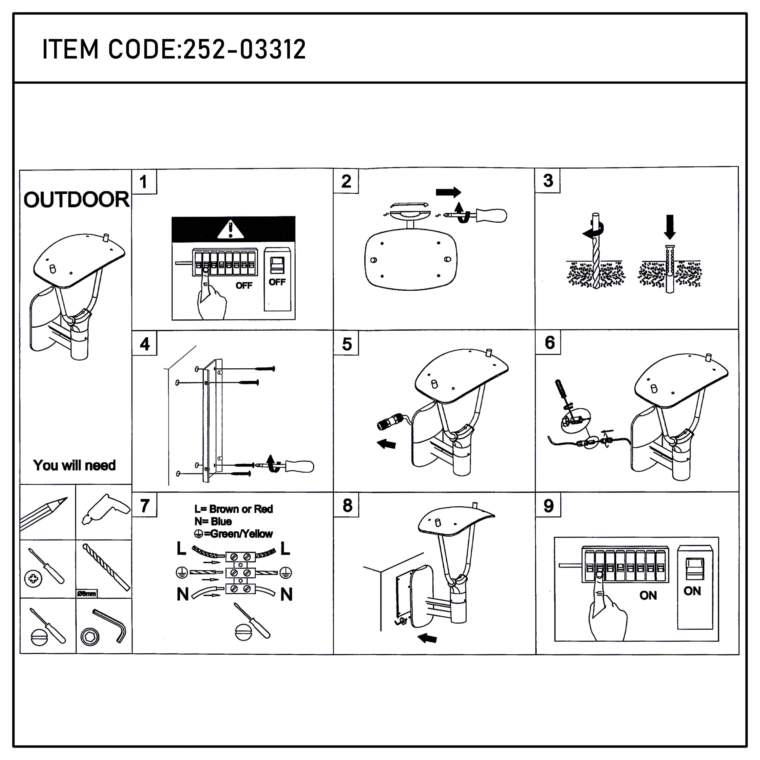 Instructions for installing an outdoor light fixture. Line art, step-by-step illustrations showing wiring and mounting.