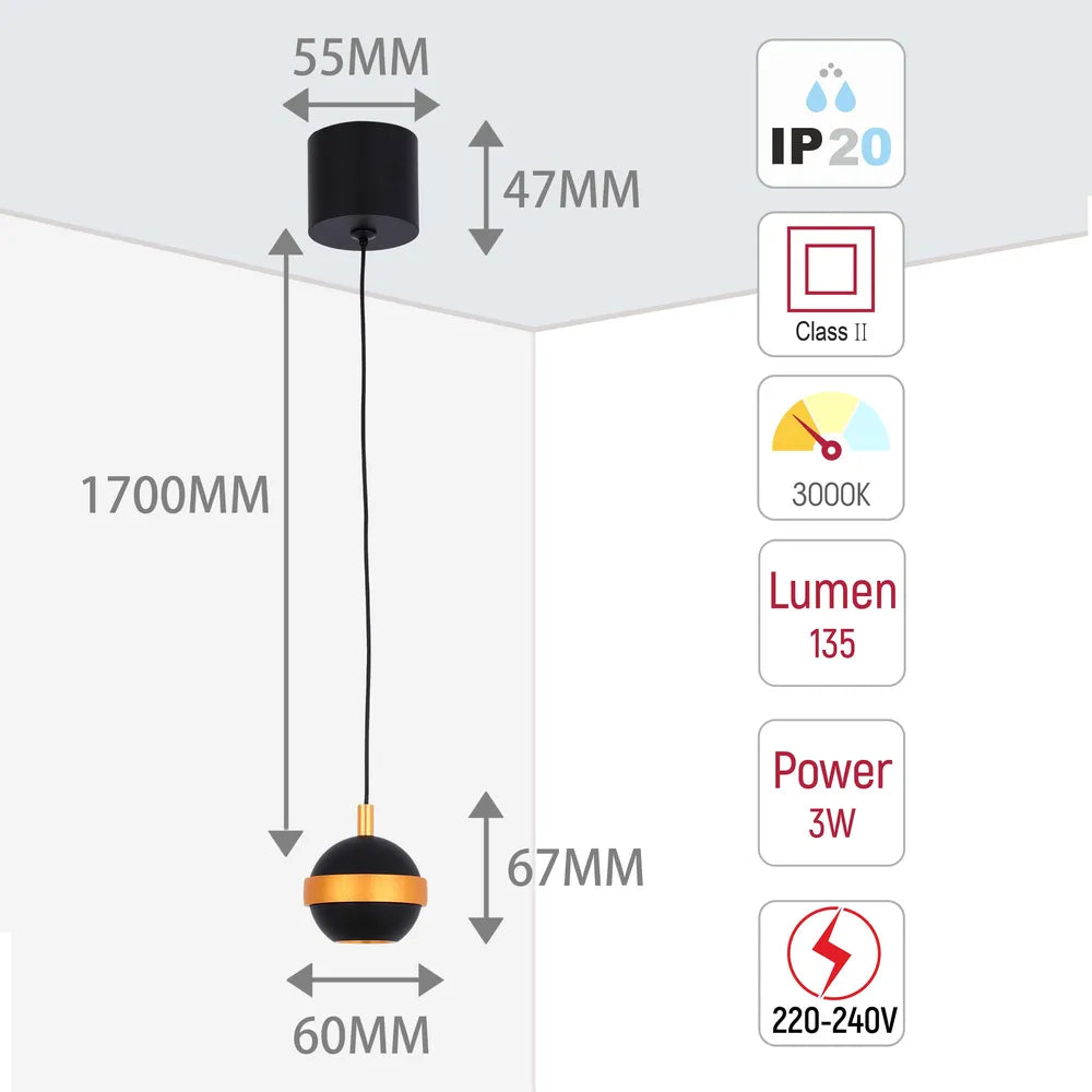 Size and technical specs of the Helios LED Pendant Downlight with Gold Accent 3W Warm White-150-19068