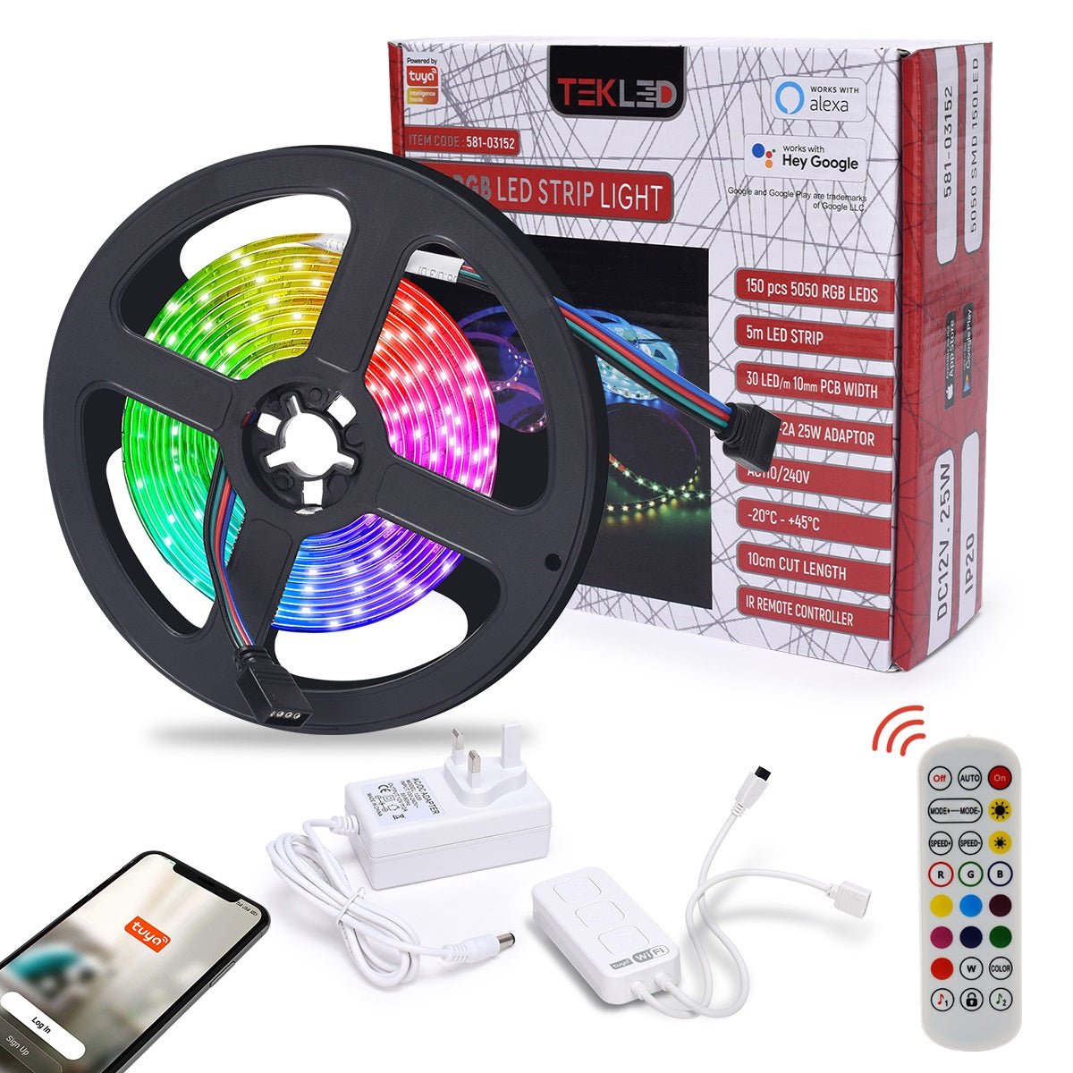 Main Holiday 5m Smart RGB LED Strip Light 150 LEDs SMD5050 DC12V IP20 25W 2A Adaptor Wi-Fi Alexa Google Assistant Music with Remote controler