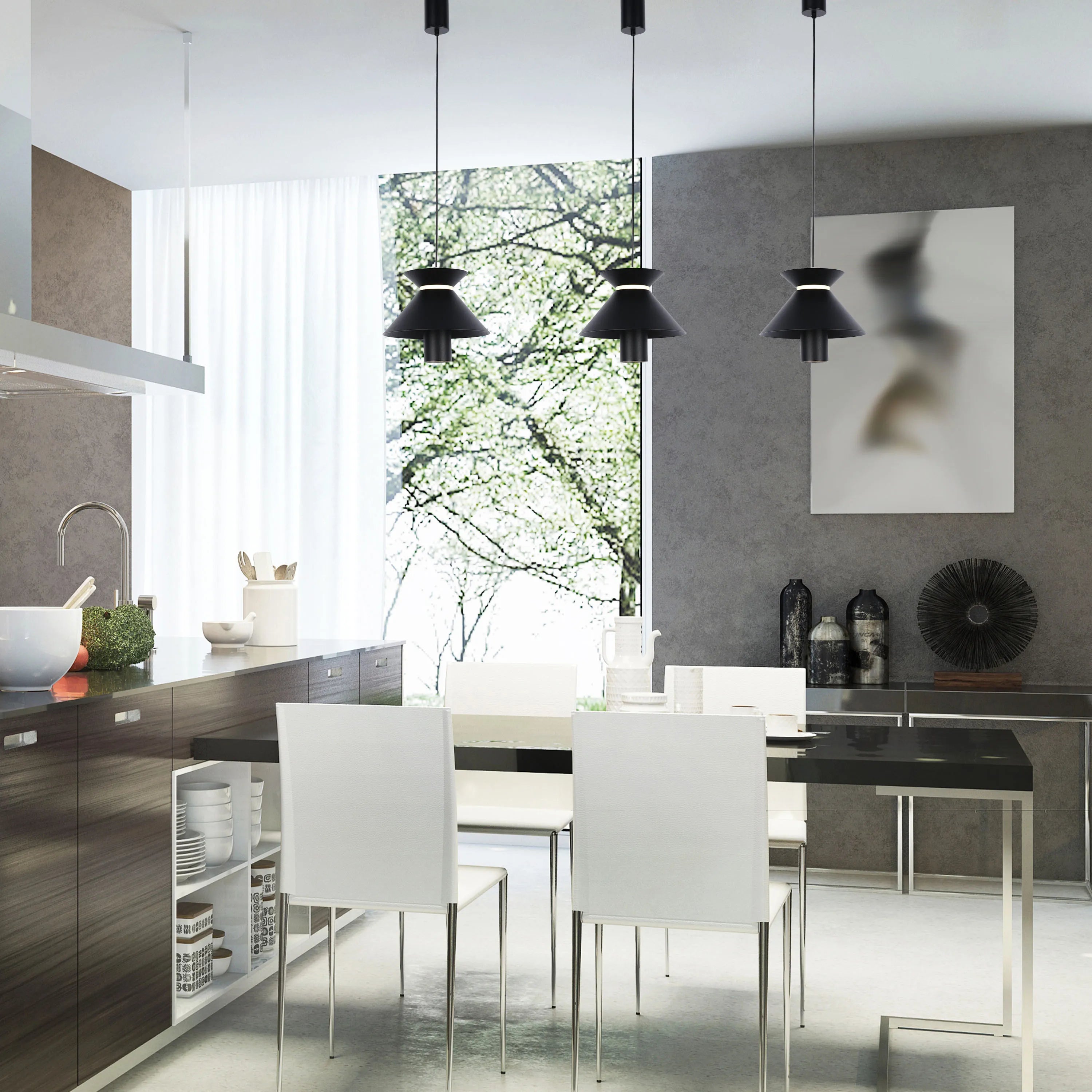 Three black pendant lights hang above a dining table in a modern kitchen with a large window and sleek furniture.