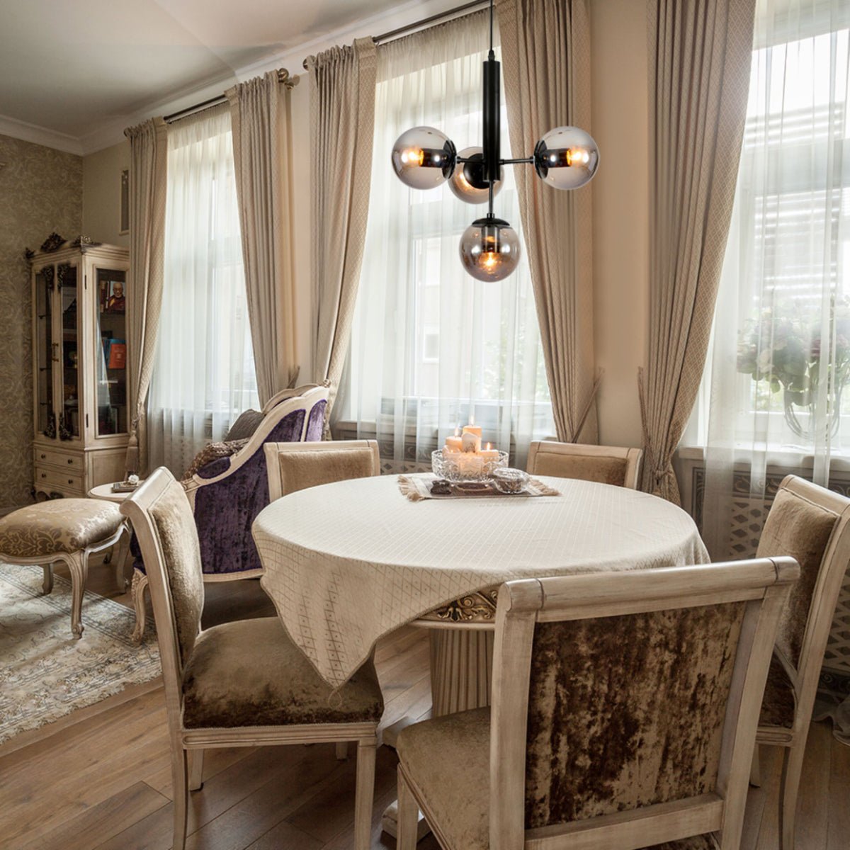 More interior usage of Atom Model Smoky Globe Glass Black Metal Body Chandelier Ceiling Pendant Light with 4xE27 | TEKLED 159-17408