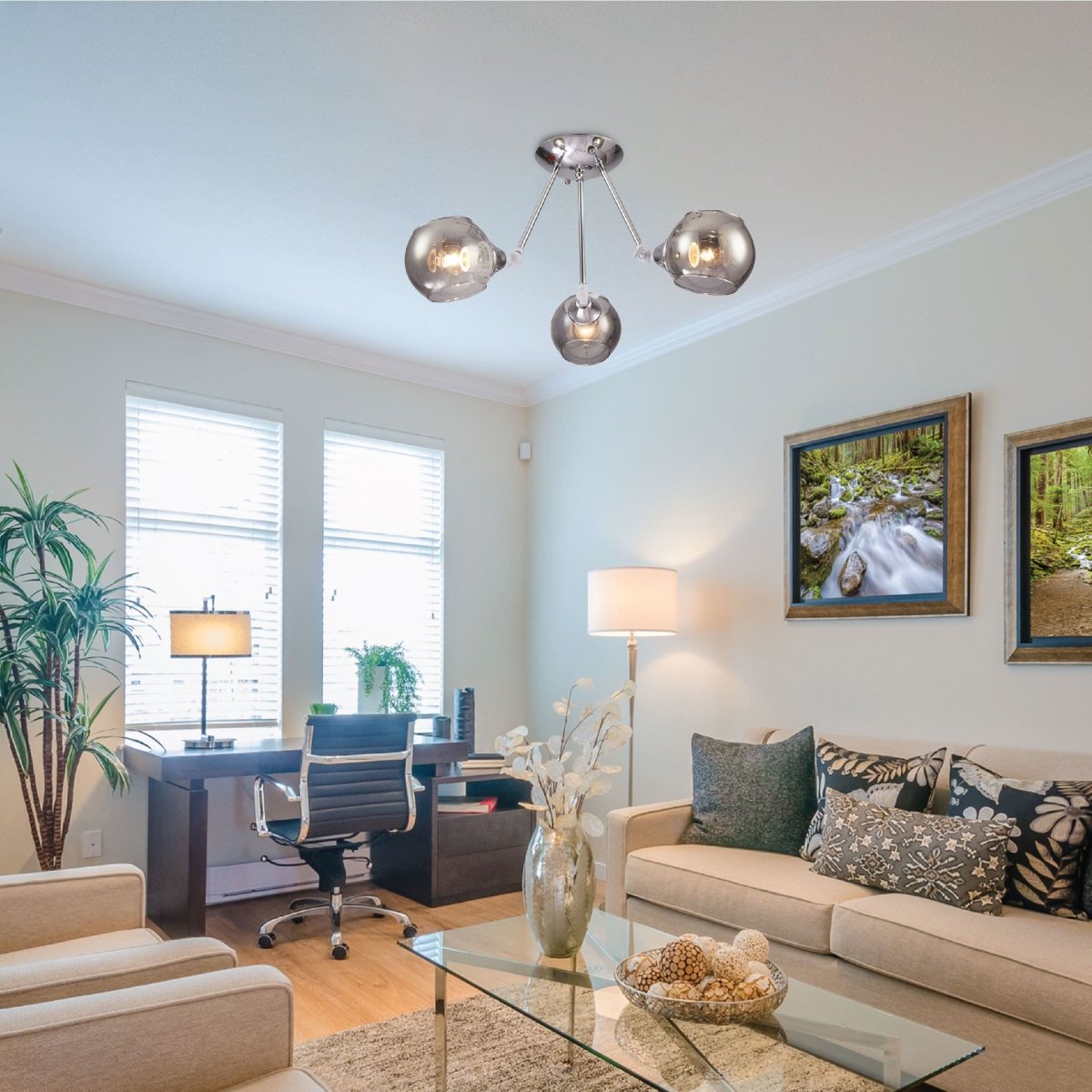 Living room kitchen bedroom use of Smoky Cut-out Globe Glass Hinged Chrome Metal Semi Flush Ceiling Light | TEKLED 159-17584