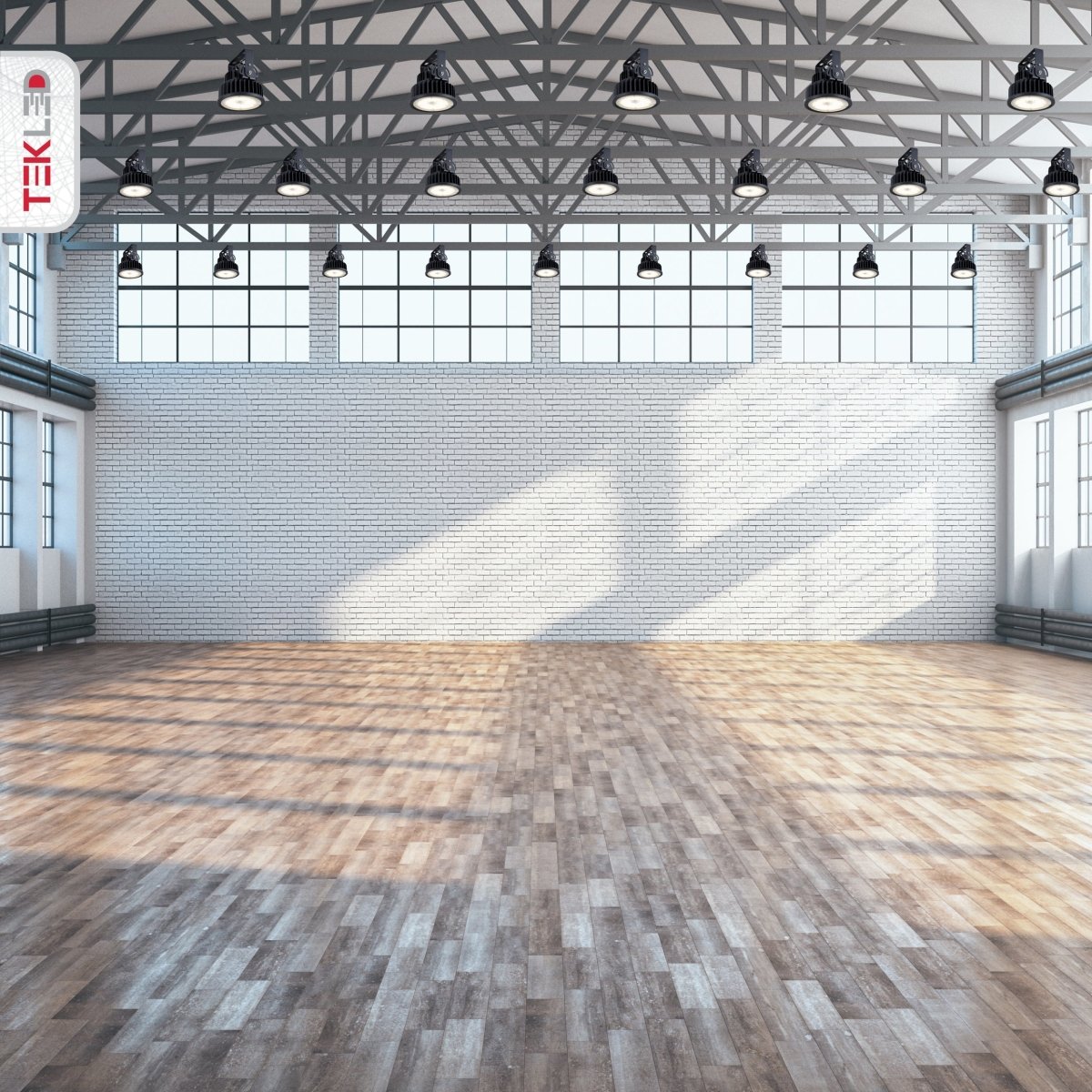 More interior warehouse sports hall usage of LED UFO Cold Forged Heatsink Highbay Light 100W Cool White 4000K Sand Black IP65 | TEKLED 224-03512