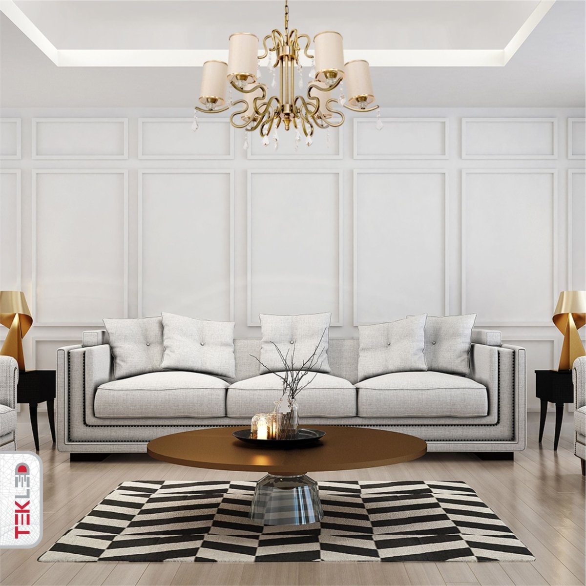 Indoor usage of Cream Shade Antique Brass Metal 6 Arm Chandelier with Pendeloque Crystals 6xE14 | TEKLED 158-17826