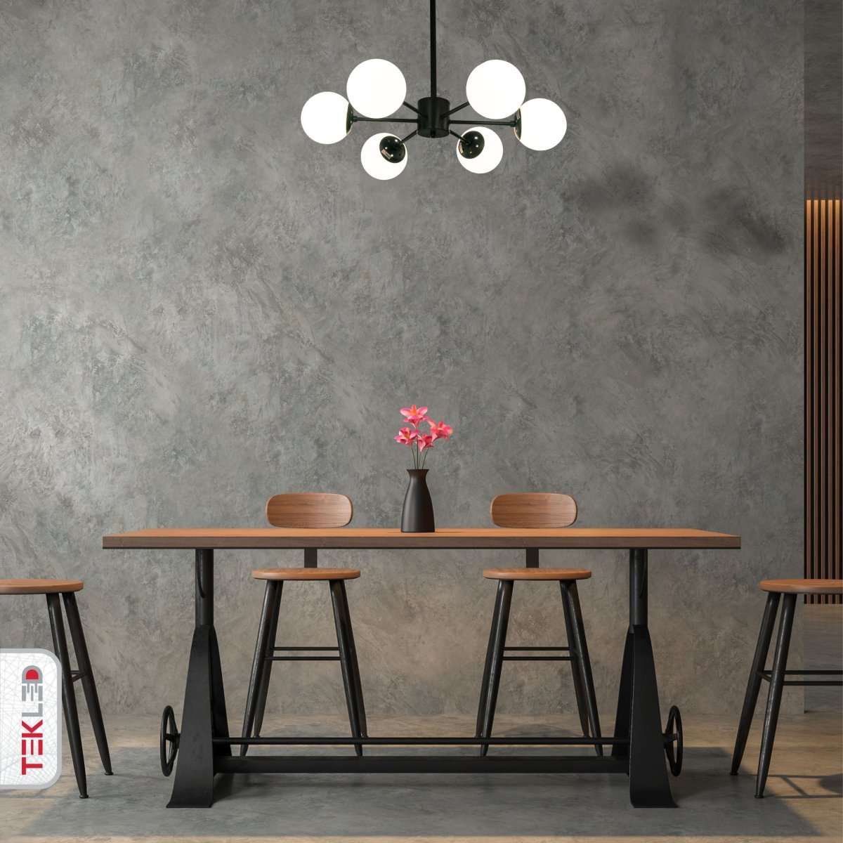 Indoor usage of Snowflake Opal Globe Glass Black Body Ceiling Light with 6xE27 Fittings | TEKLED 159-17423