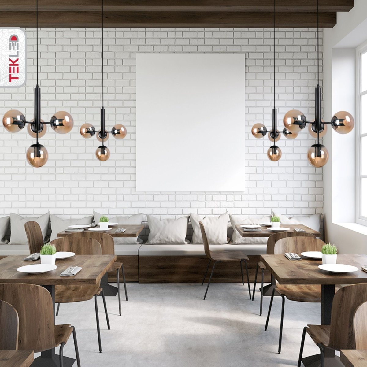 Interior application of Atom Model Amber Globe Glass Black Metal Body Chandelier with 4xE27 Fittings | TEKLED 159-17406