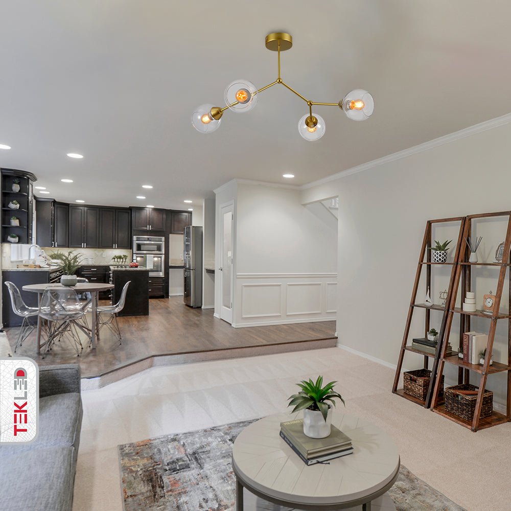 Interior application of Clear Glass Gold Wishbone Branch Twig Semi Flush Modern Sputnik Ceiling Light with 4xE27 Fitting | TEKLED 159-17806