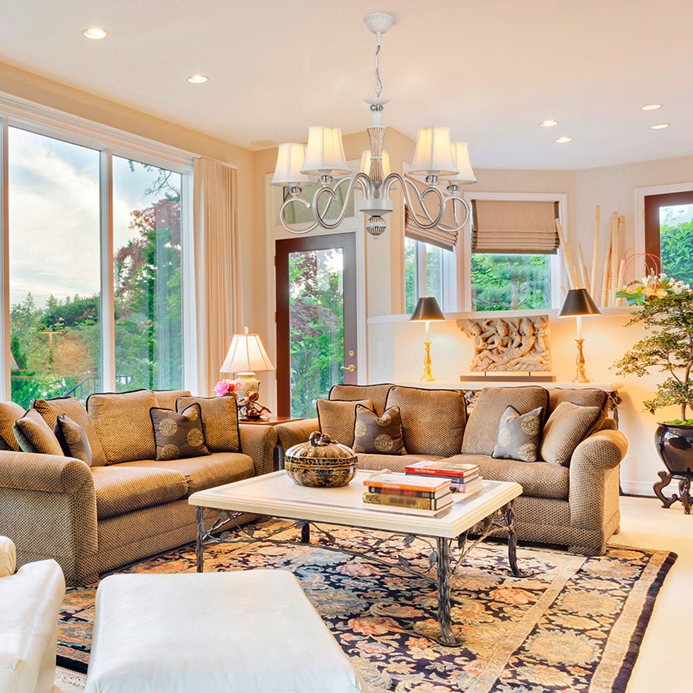 Interior application of Off White Fabric Shaded Gold Aged Ivory Traditional Retro Vintage Classic Chandelier Ceiling Light with 5xE14 Fitting | TEKLED 159-17836