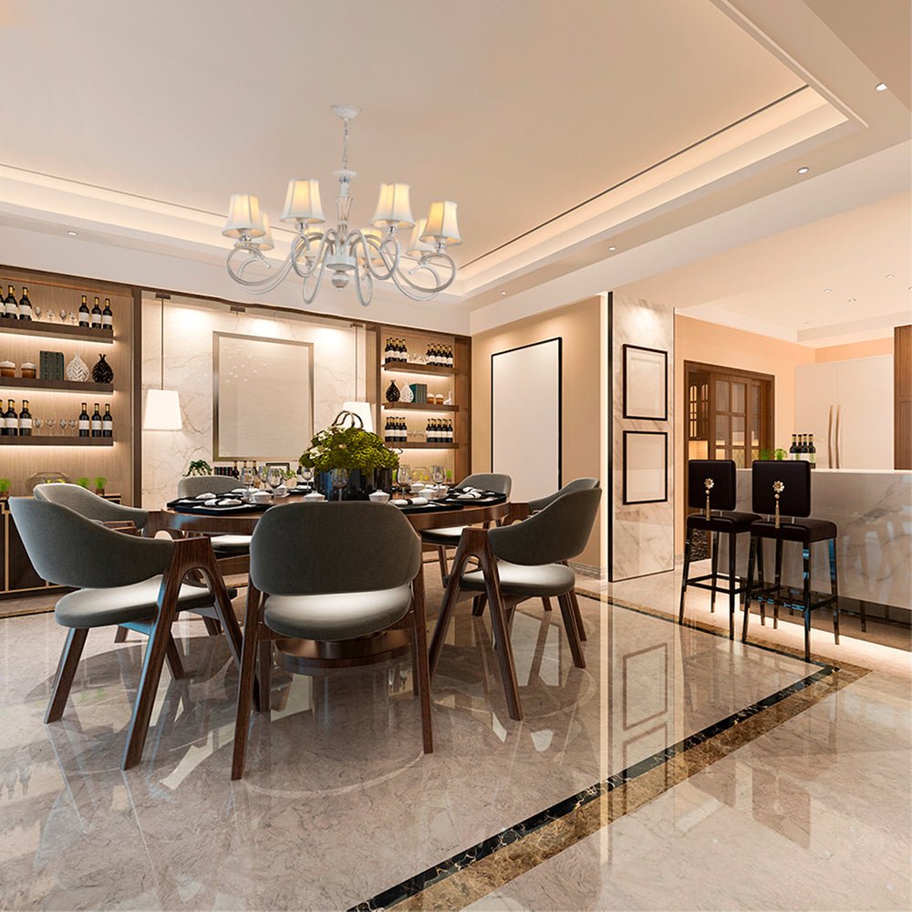 Interior application of Off White Fabric Shaded Gold Aged Ivory Traditional Retro Vintage Classic Chandelier Ceiling Light with 8xE14 Fitting | TEKLED 159-17838