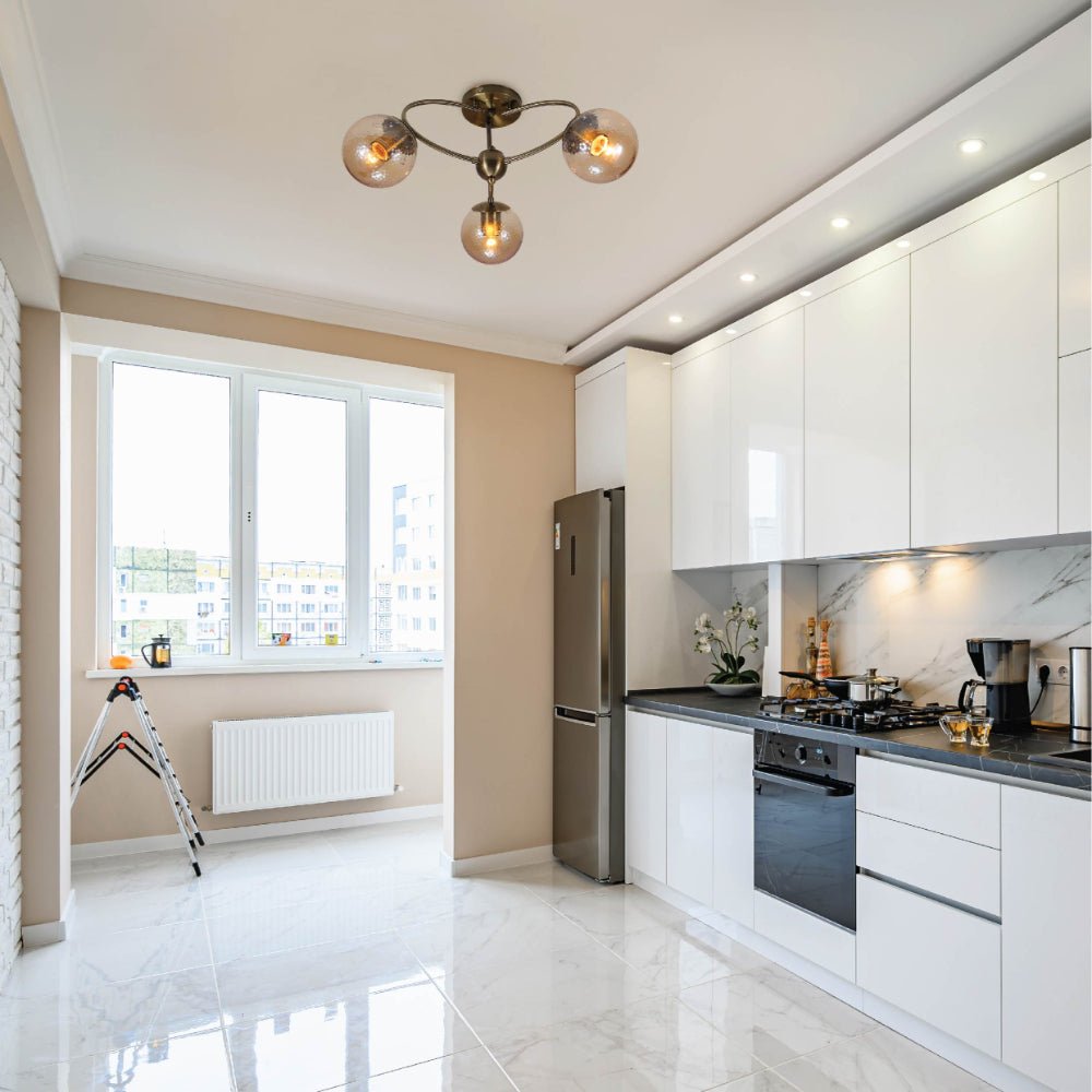 Interior application of Textured Amber Globe Antique Brass Semi Circle Arm Semi Flush Ceiling Light | TEKLED 159-17756