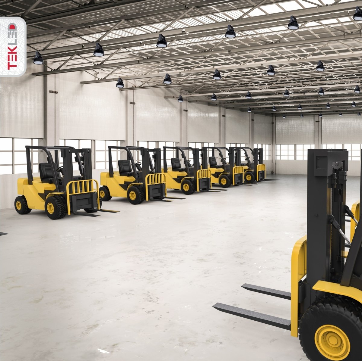 Interior warehouse sports hall application of LED UFO Cold Forged Heatsink Highbay Light 150W Cool White 4000K Sand Black IP65 | TEKLED 224-03514