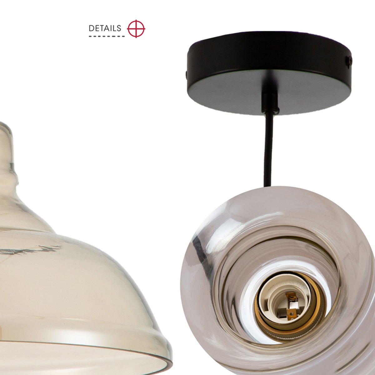 A clear glass pendant light with a black ceiling mount, offering a modern touch to any room.