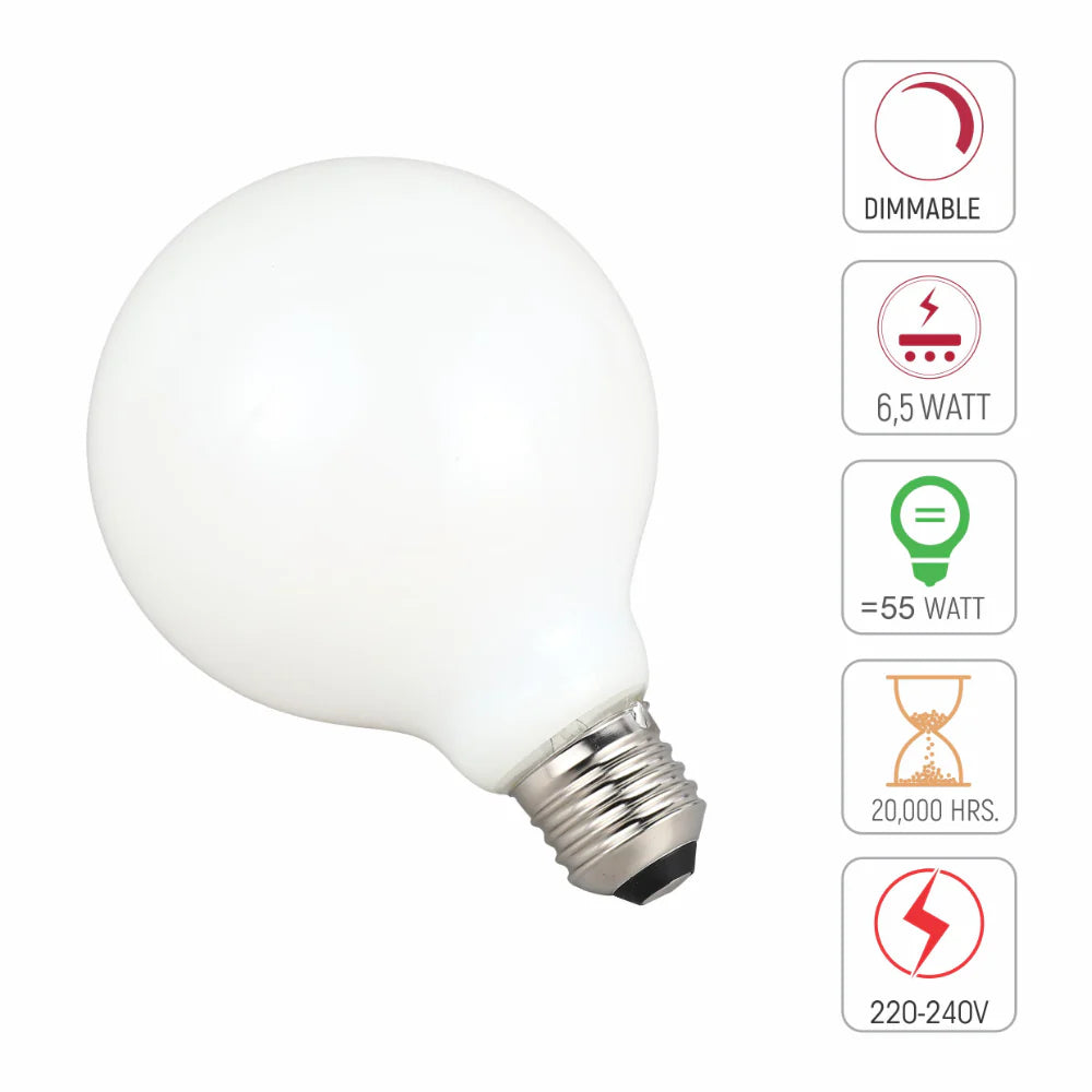 LED Bulb Dimmable Globe E27 6.5W 2700K Milky Glass Pack of 2 9