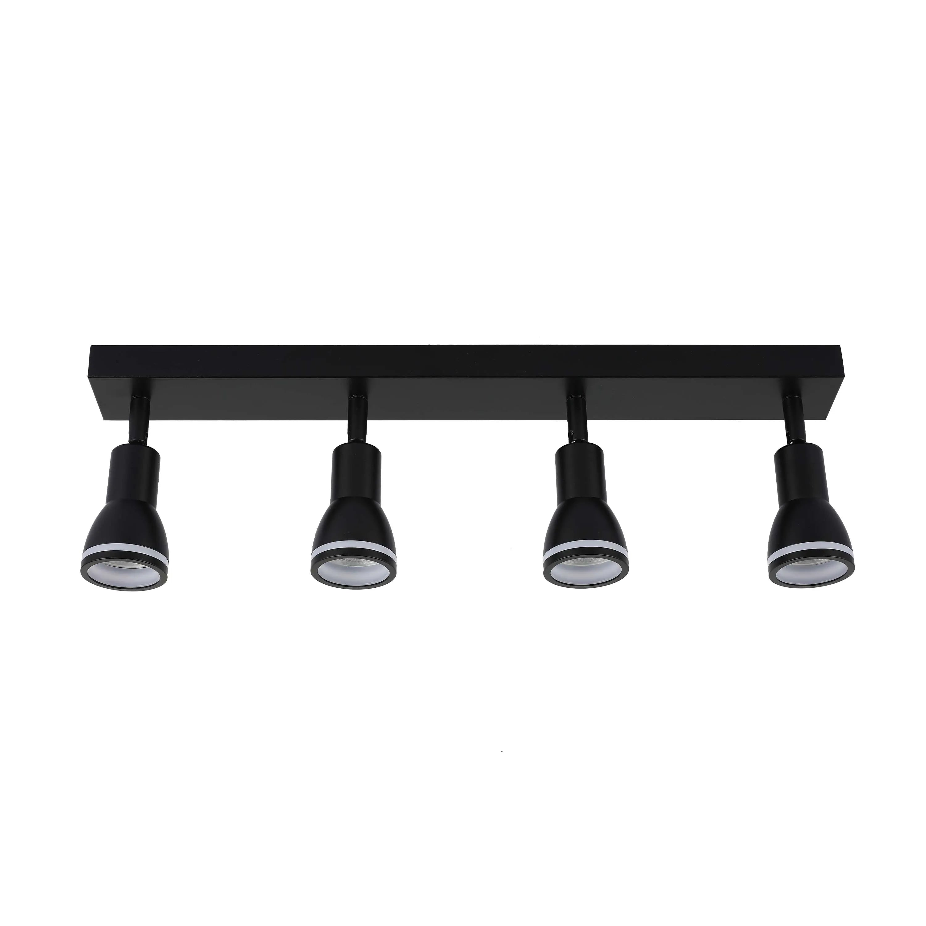 Black spotlight bar with four adjustable lights. Modern ceiling lighting for any room in the house.