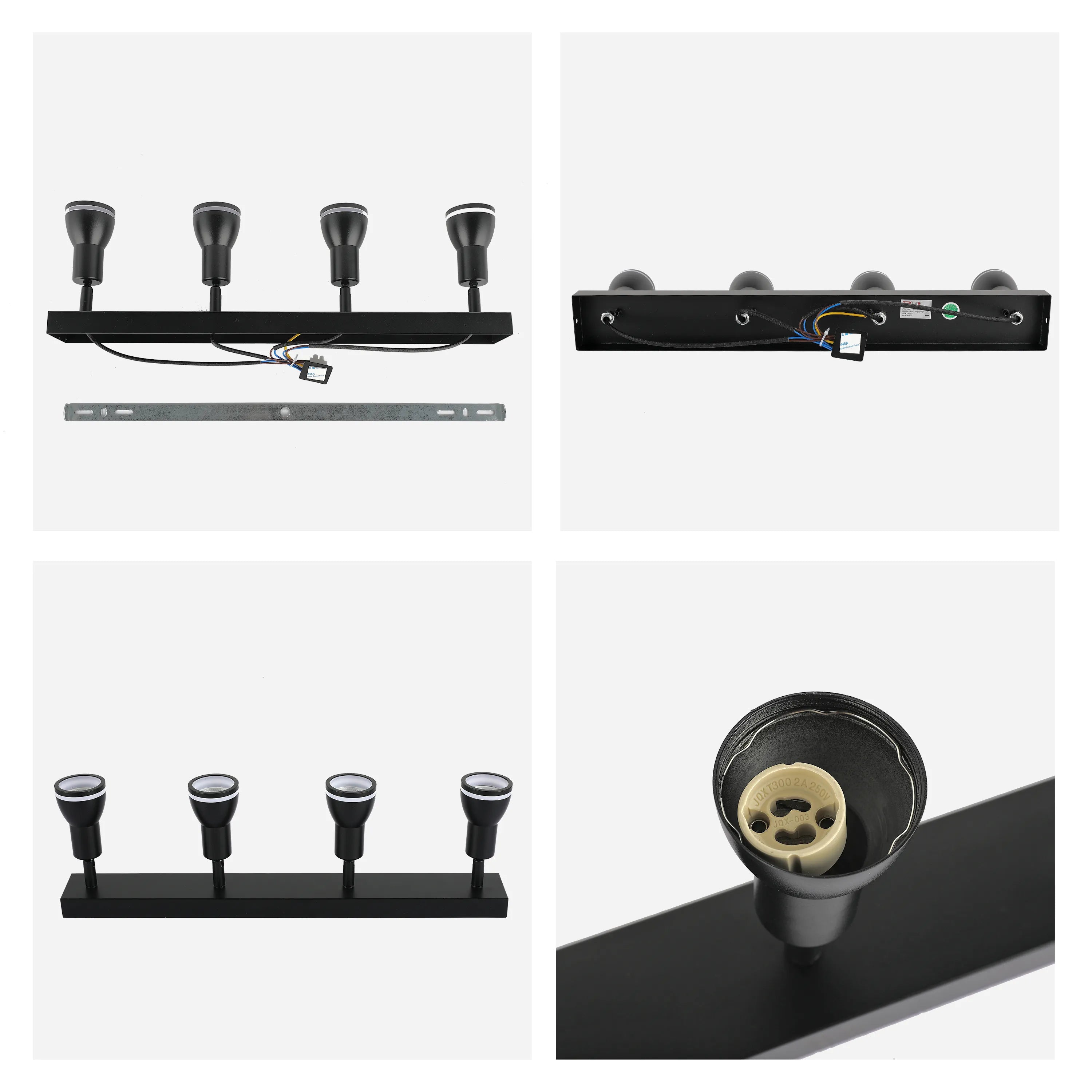 A matt black, four-bulb spotlight fitting, showcasing a modern lighting fixture with directional heads.