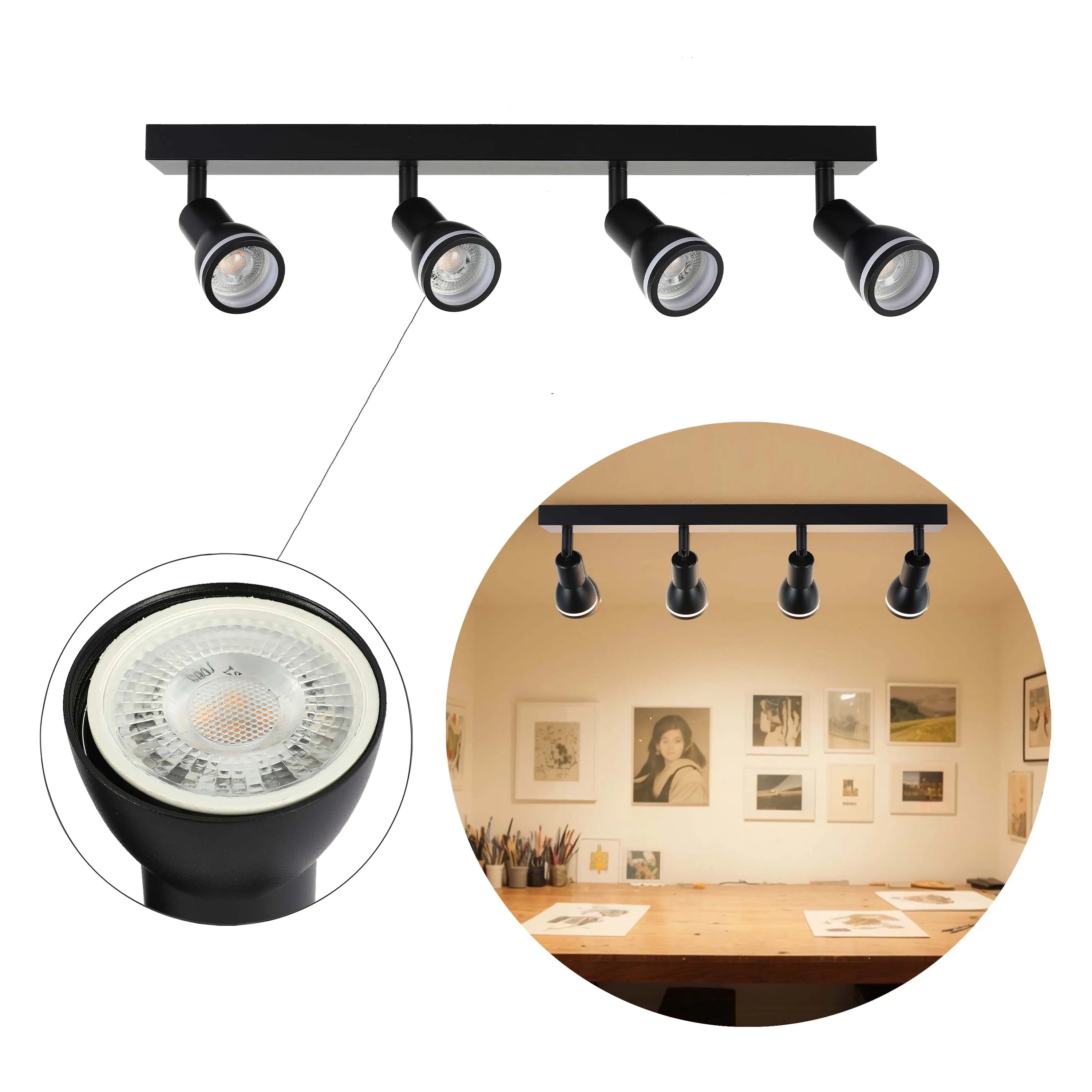 A four-bulb, black track lighting fixture and a close-up of the bulb's detailing. A similar fixture lights up an art studio.