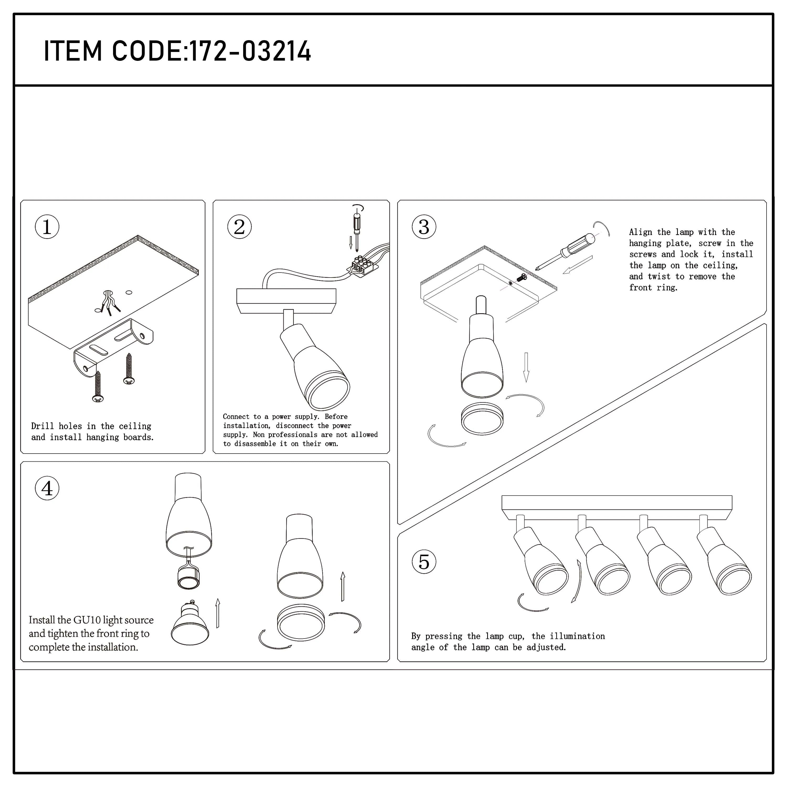 A track lighting fixture in 5 steps, starting from drilling and installing to adjusting the lamp.