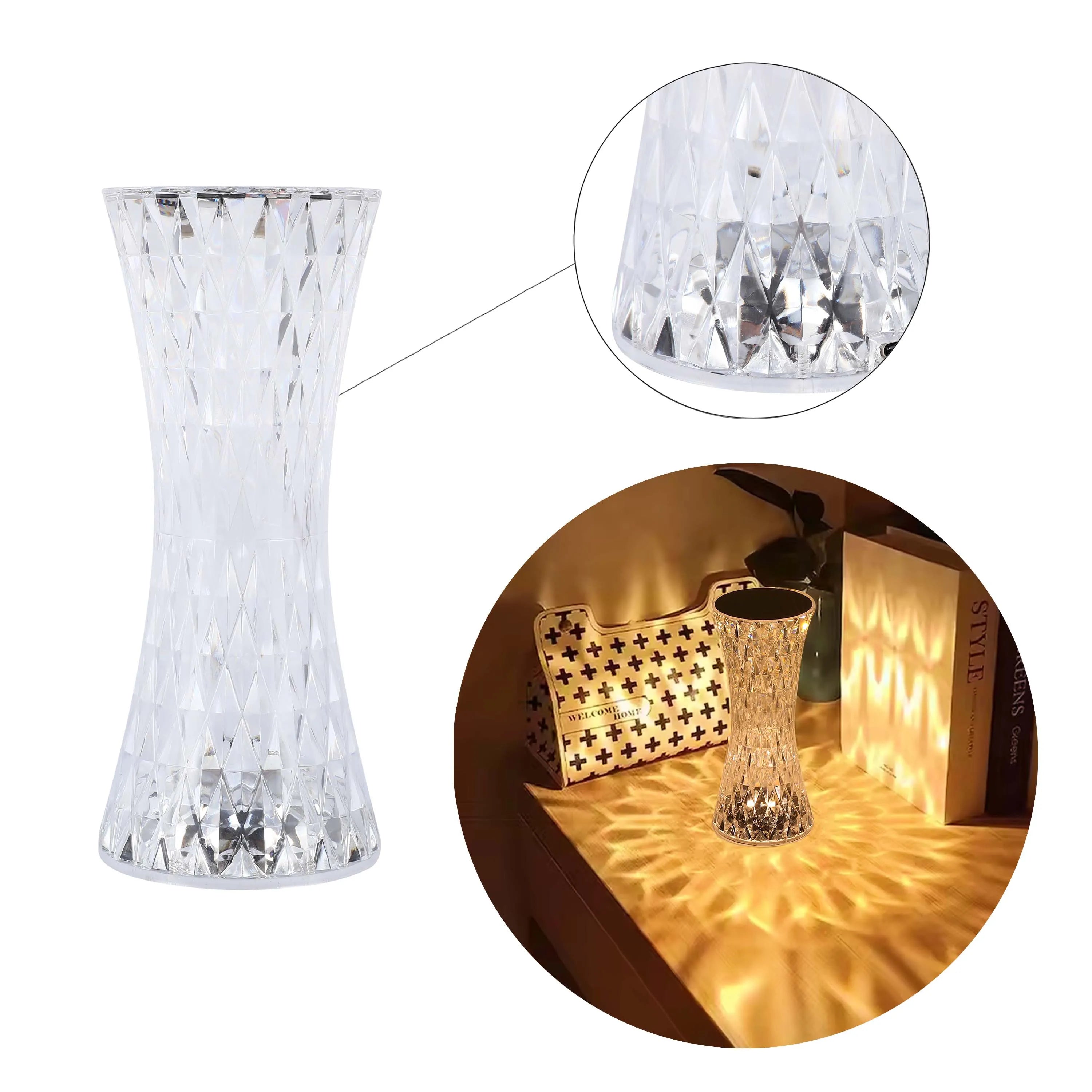 A crystal lamp casts an intricate pattern of golden light. Contemporary lighting for homes and businesses.