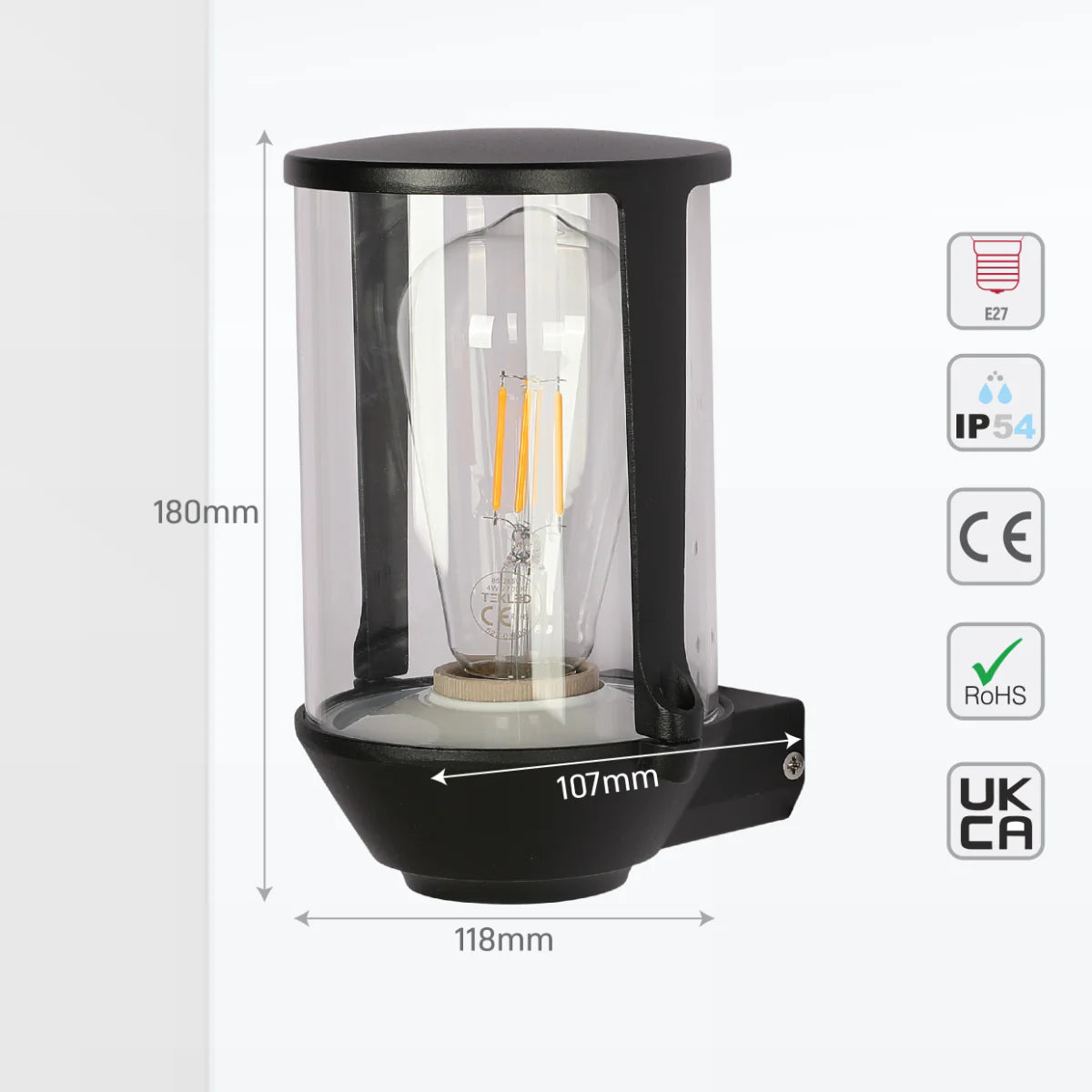 Size and certifications of Lux Vintage Classic Outdoor Wall Light Sconce IP54 Black 182-03423