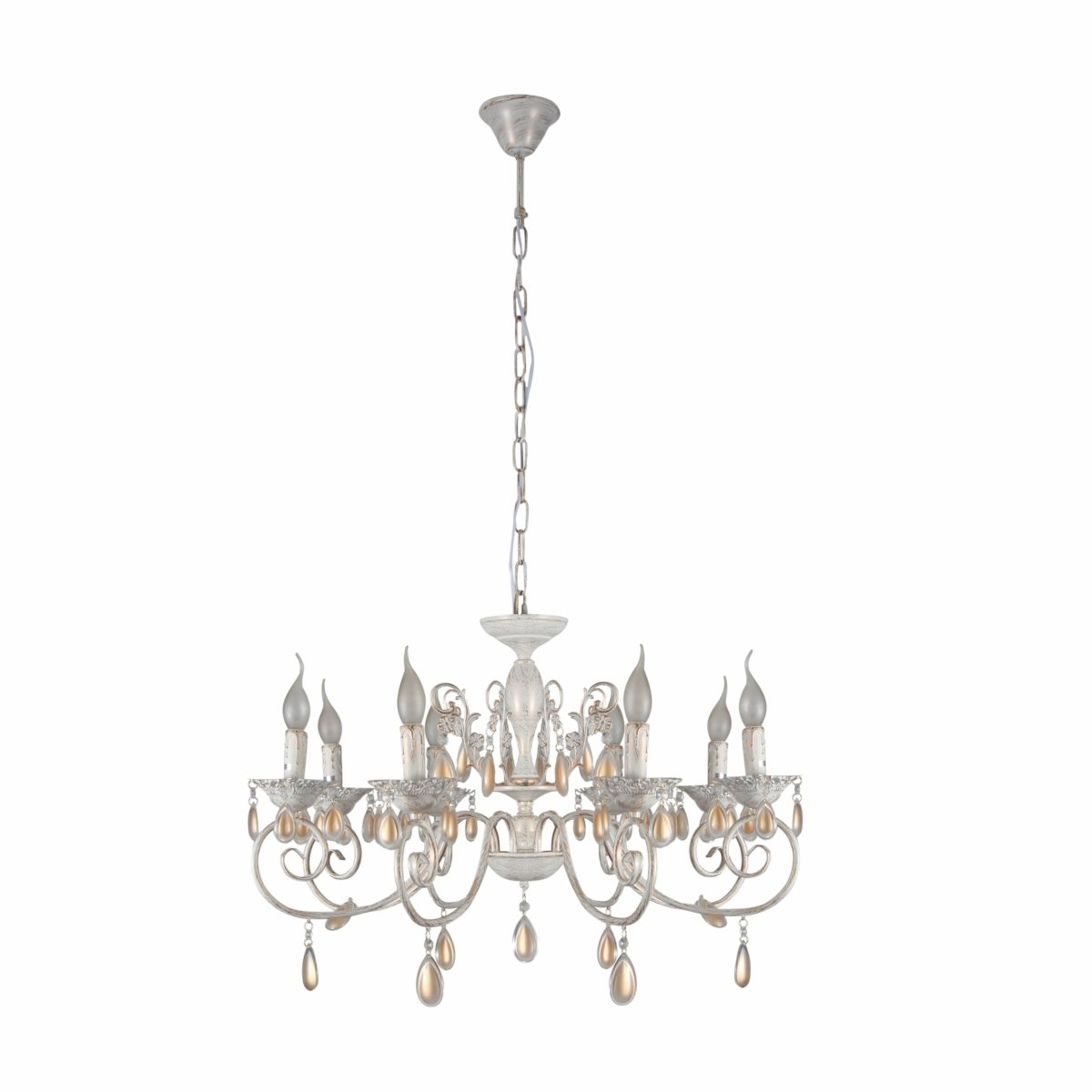 Main image of Amber Crystals Rice White with Gold Brushed Metal 8 Arm Chandelier with E14 Fitting | TEKLED 158-17852