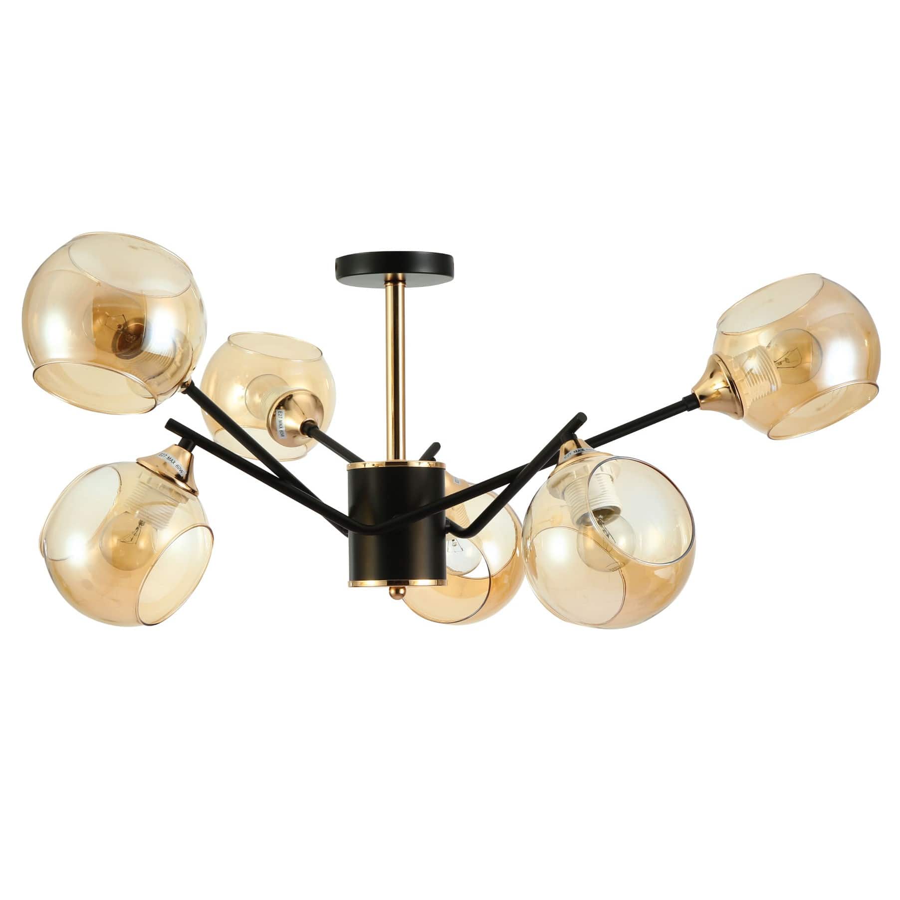 Main image of Amber Cut-out Globe Glass Black Gold Metal Sputnik Semi Flush Ceiling Light | TEKLED 159-17196