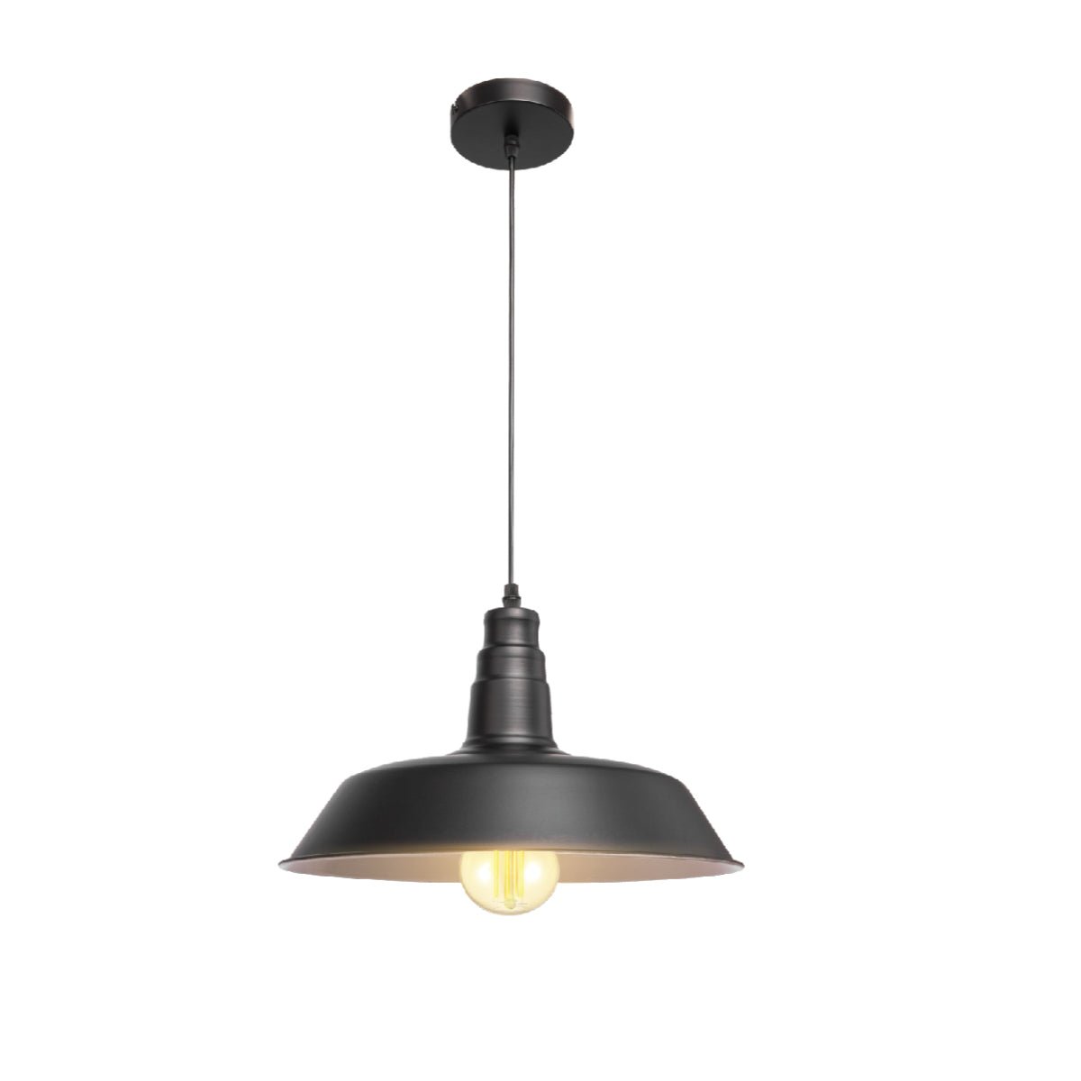 Hanging pendant light with a wide brim and an Edison bulb, perfect for adding a touch of vintage charm to any room.