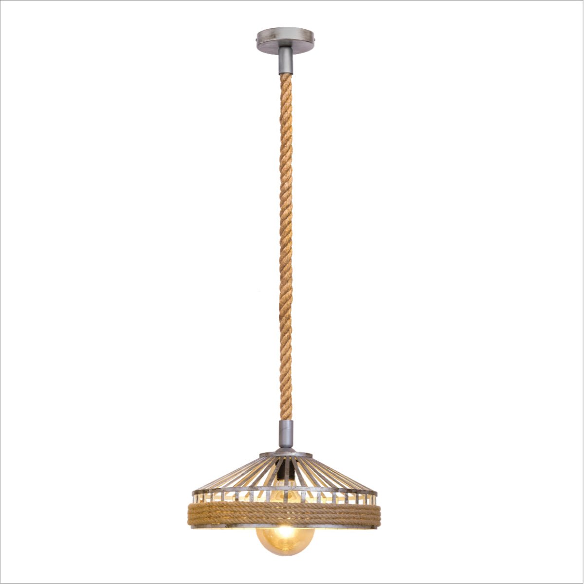 Rustic ceiling light with rope and metal cage. A unique addition to any home.