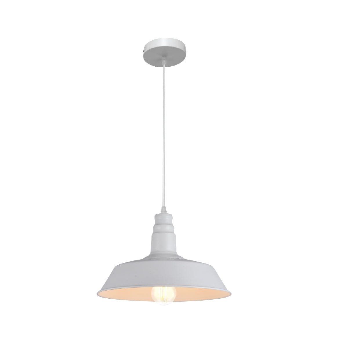 A white pendant light hangs down, a stylish addition to any room, offering a bright, modern aesthetic.