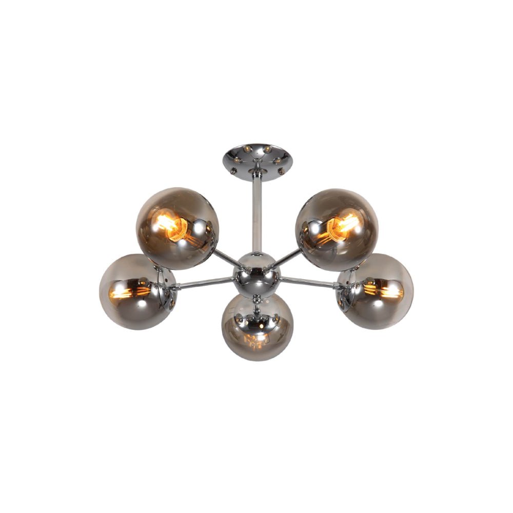 Main image of Smoky Globe Glass Chrome Metal Body Sputnik Molecule Modern Ceiling Light with 5xE27 Fittings | TEKLED 159-17686