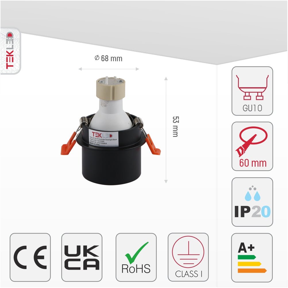 Size and specs of Black Low Glare Diecast Aluminium Downlight GU10 | TEKLED 143-03980