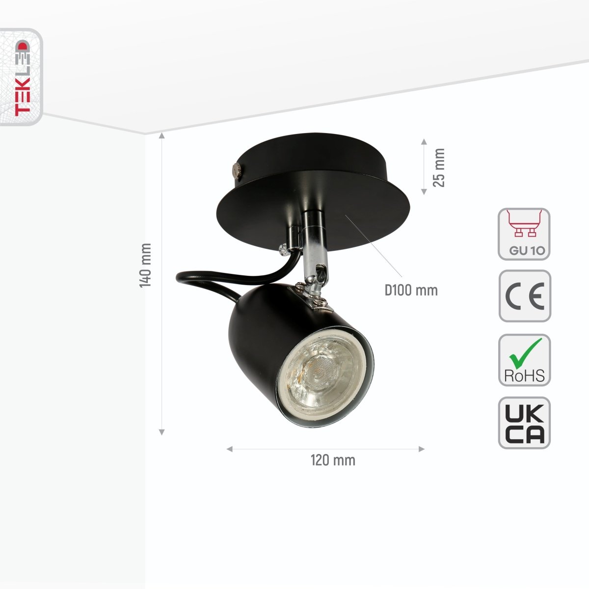 Size and specs of Black Metal Adjustable Spotligh with Gu10 Fitting | TEKLED 151-19804