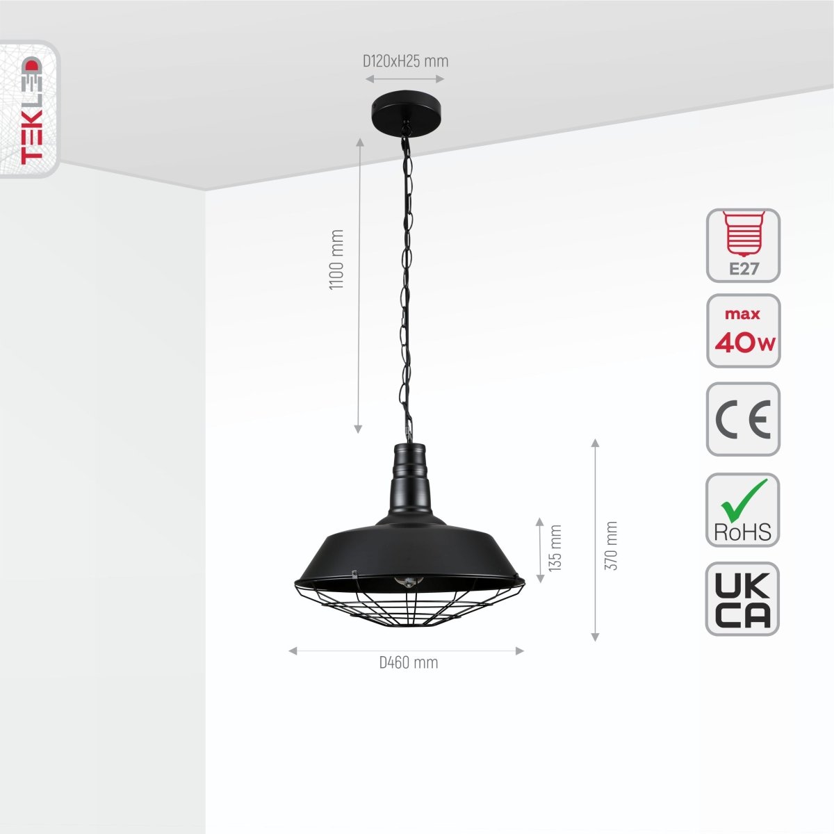 A black pendant light with cage detail. Measurements: 1100mm high, 460mm diameter. Lamp: E27, max 40w. Certifications: CE, RoHS, UKCA.