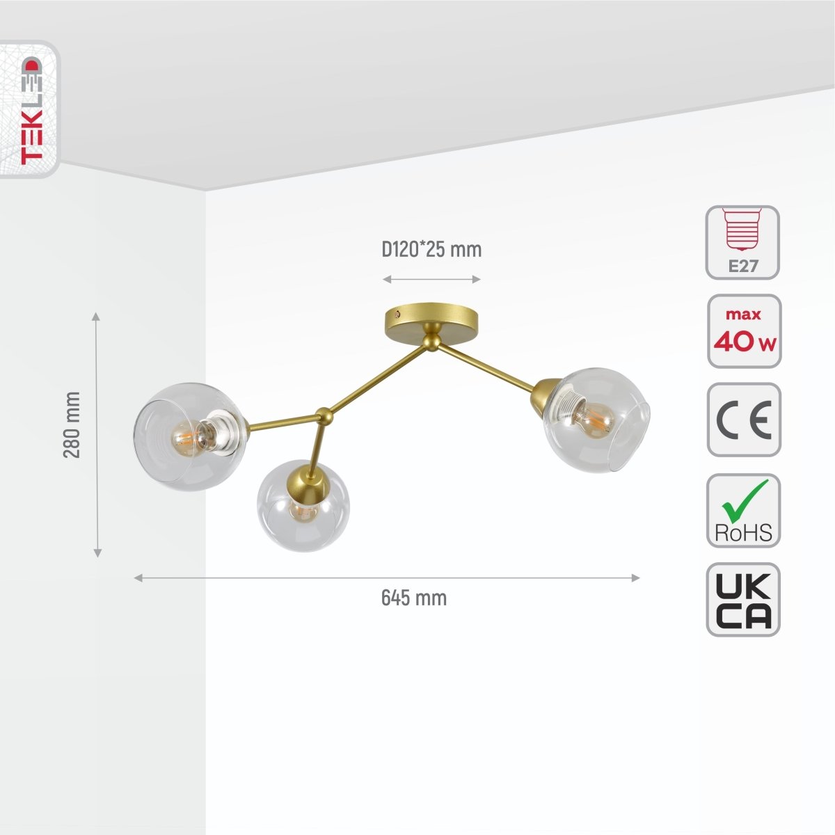 Size and specs of Clear Glass Gold Wishbone Branch Twig Semi Flush Modern Sputnik Ceiling Light with 3xE27 Fitting | TEKLED 159-17804