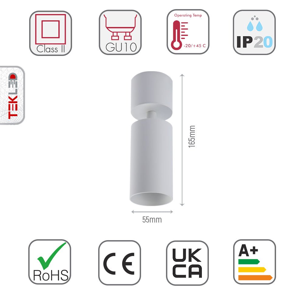 Size and specs of Cyclinder Downlight White Surface Mount Rotatable with GU10 Fitting | TEKLED 172-03026