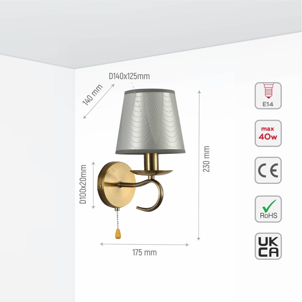 Size and specs of Grey Frustum Fabric Shade Antique Brass Vintage Wall Light E14 Pull Down Switch | TEKLED 151-19796