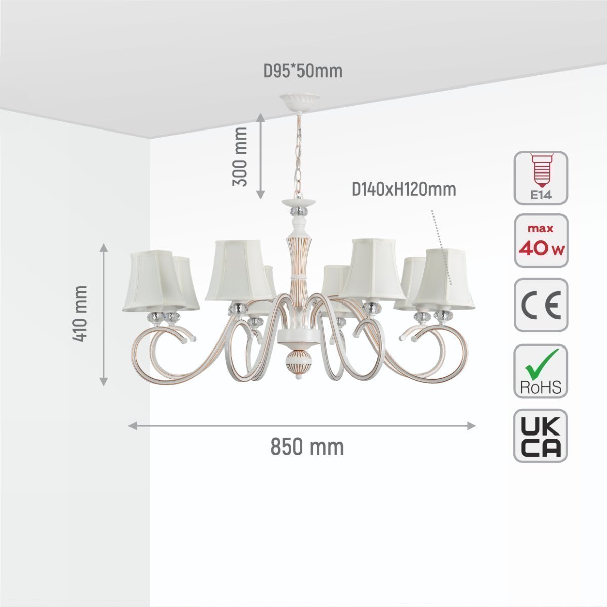 size and specs of Off White Fabric Shaded Gold Aged Ivory Traditional Retro Vintage Classic Chandelier Ceiling Light E14 159-178388