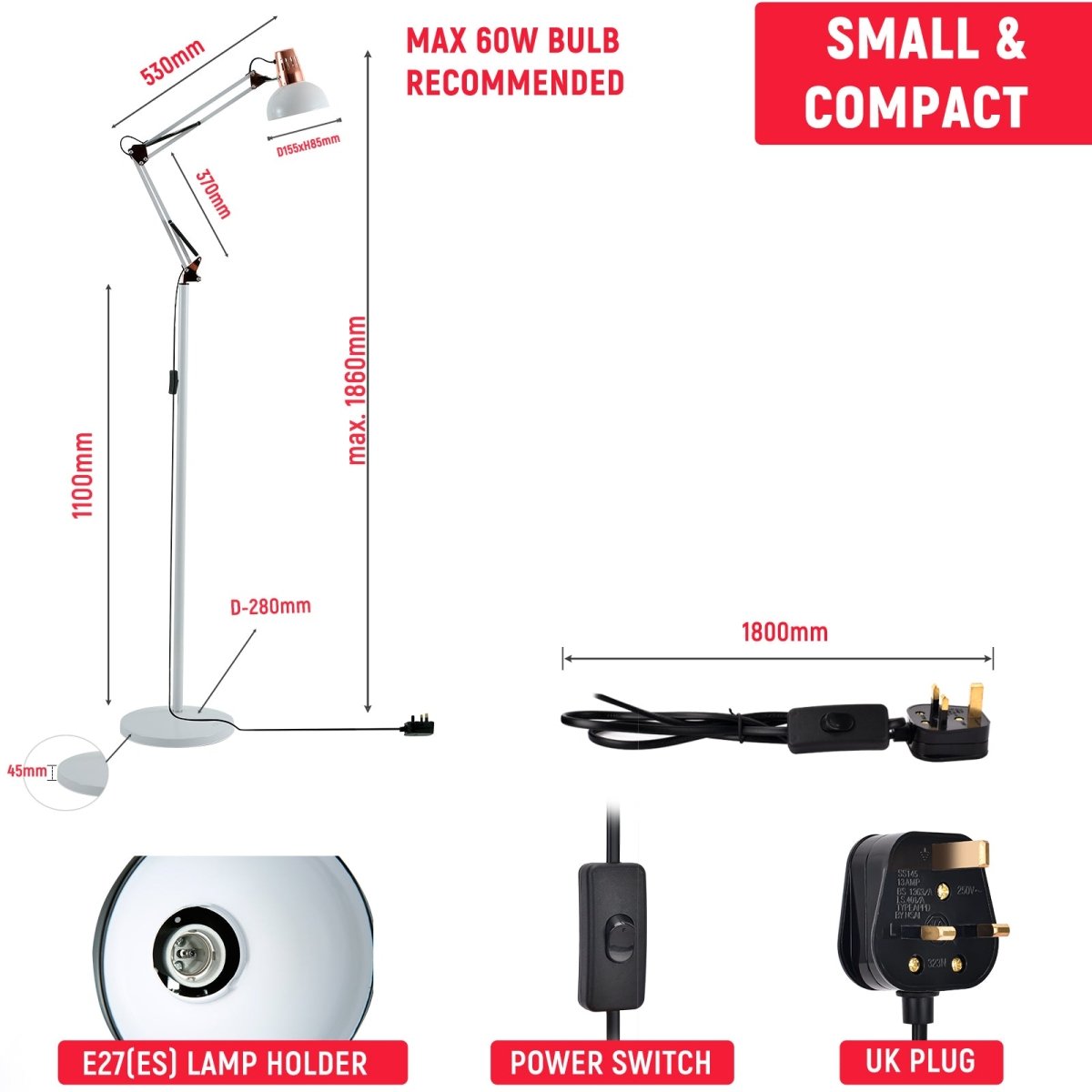 Size and specs of Swing Arm Architect Model Floor Lamp E27 White and Copper |  130-03347