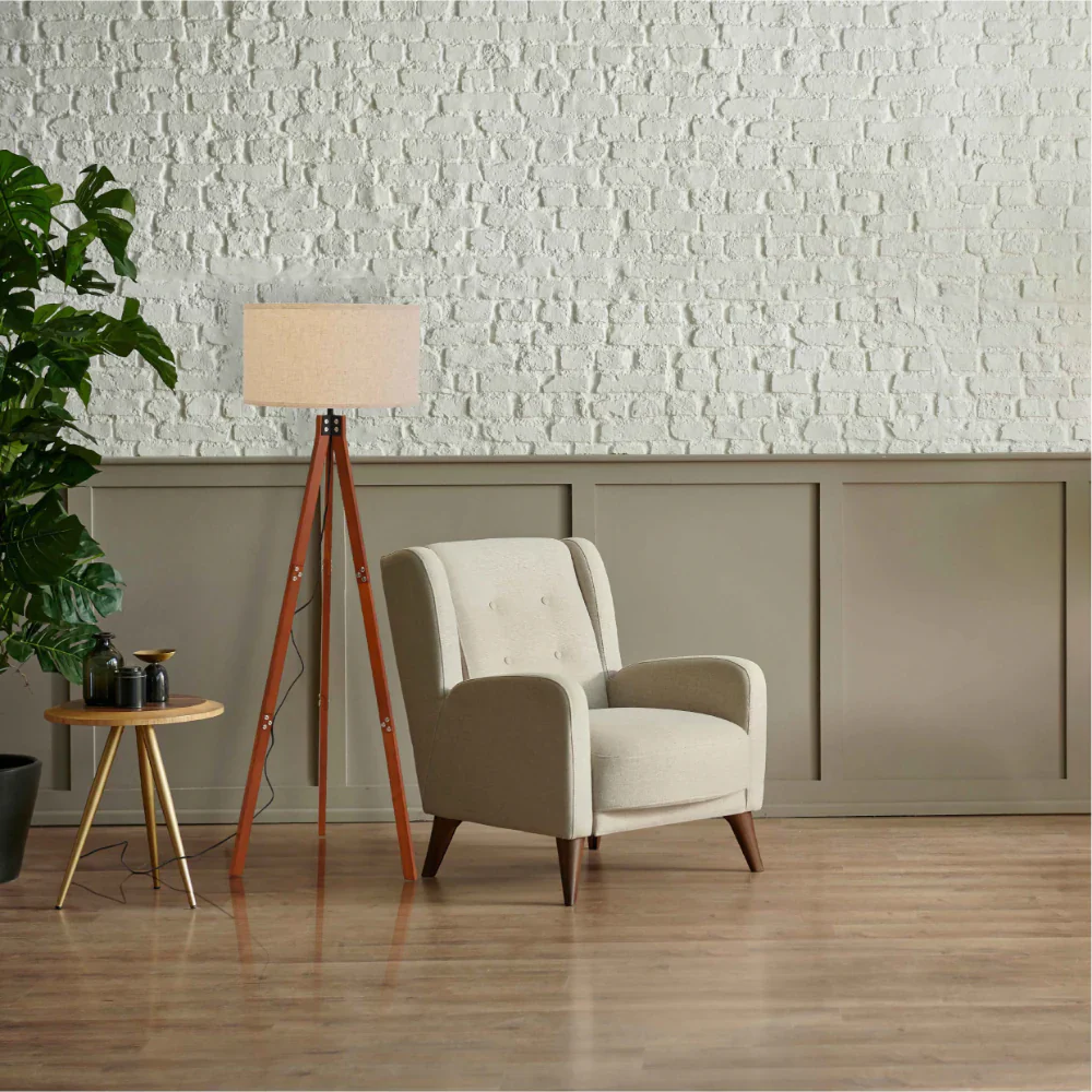 Interior application of Mid-century Wooden Tripod Vintage Floor Lamp Dark Brown Flaxen |  130-03516