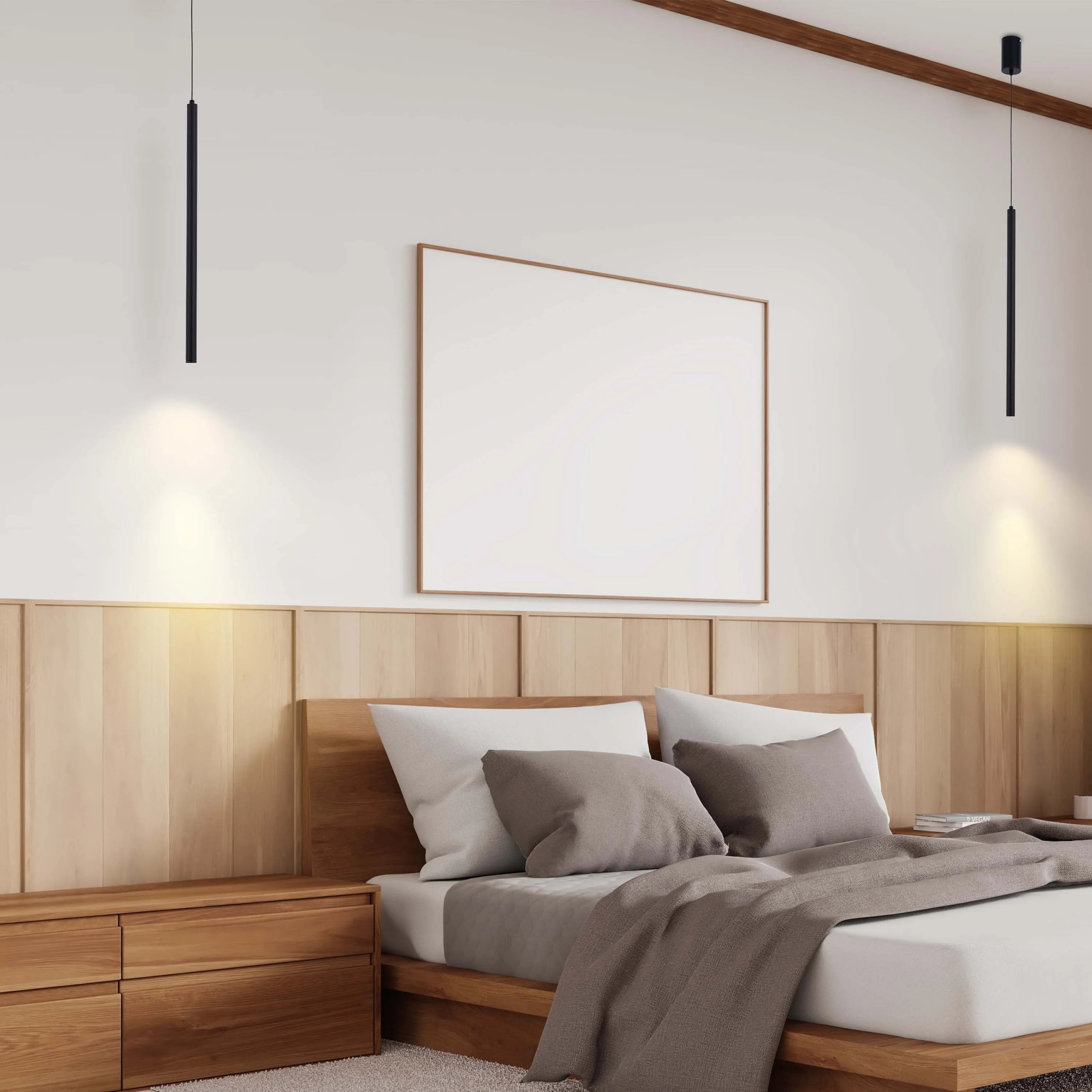 A modern bedroom with two pendant lights on either side of the bed. They cast a warm, inviting glow that complements the natural wood tones.
