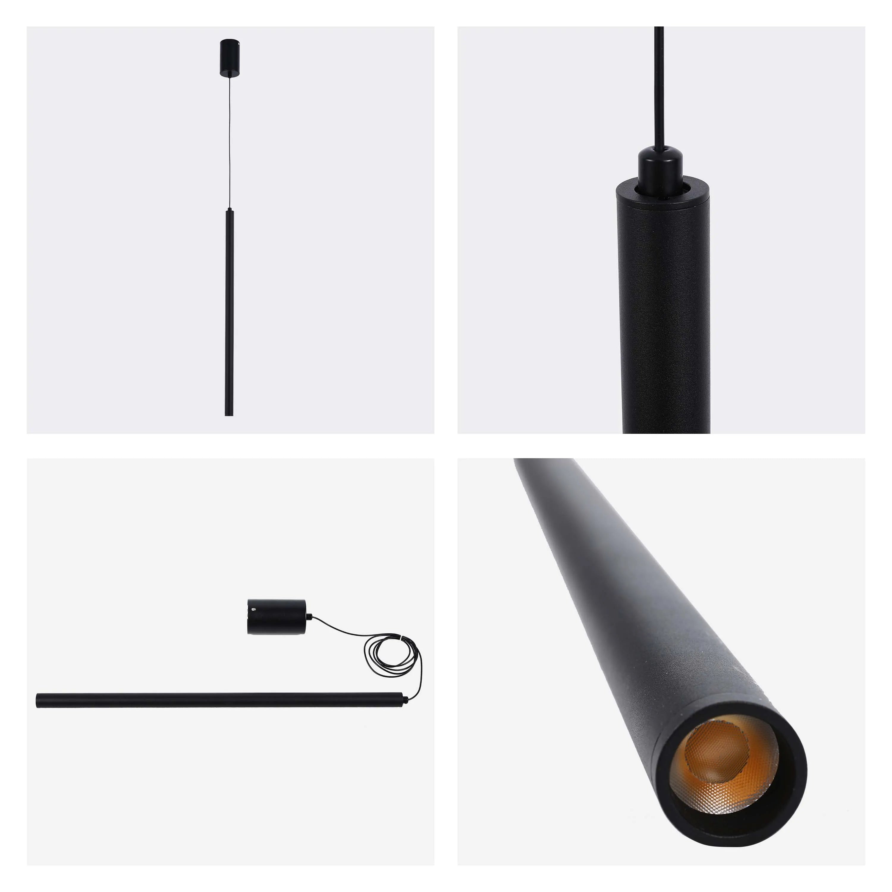 A black, contemporary pendant light fixture with a minimalist, cylindrical design, suspended from the ceiling.