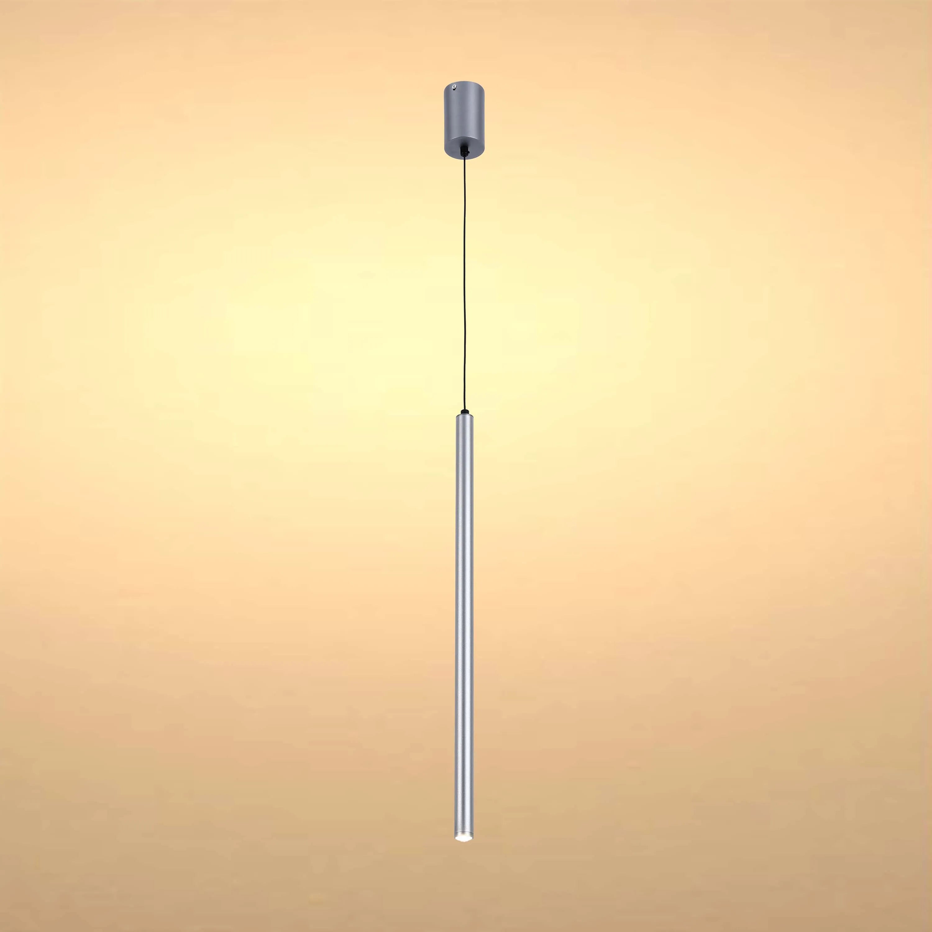 Sleek, modern pendant light with a slim, silver cylinder suspended from a matching ceiling rose, illuminating minimalist style.