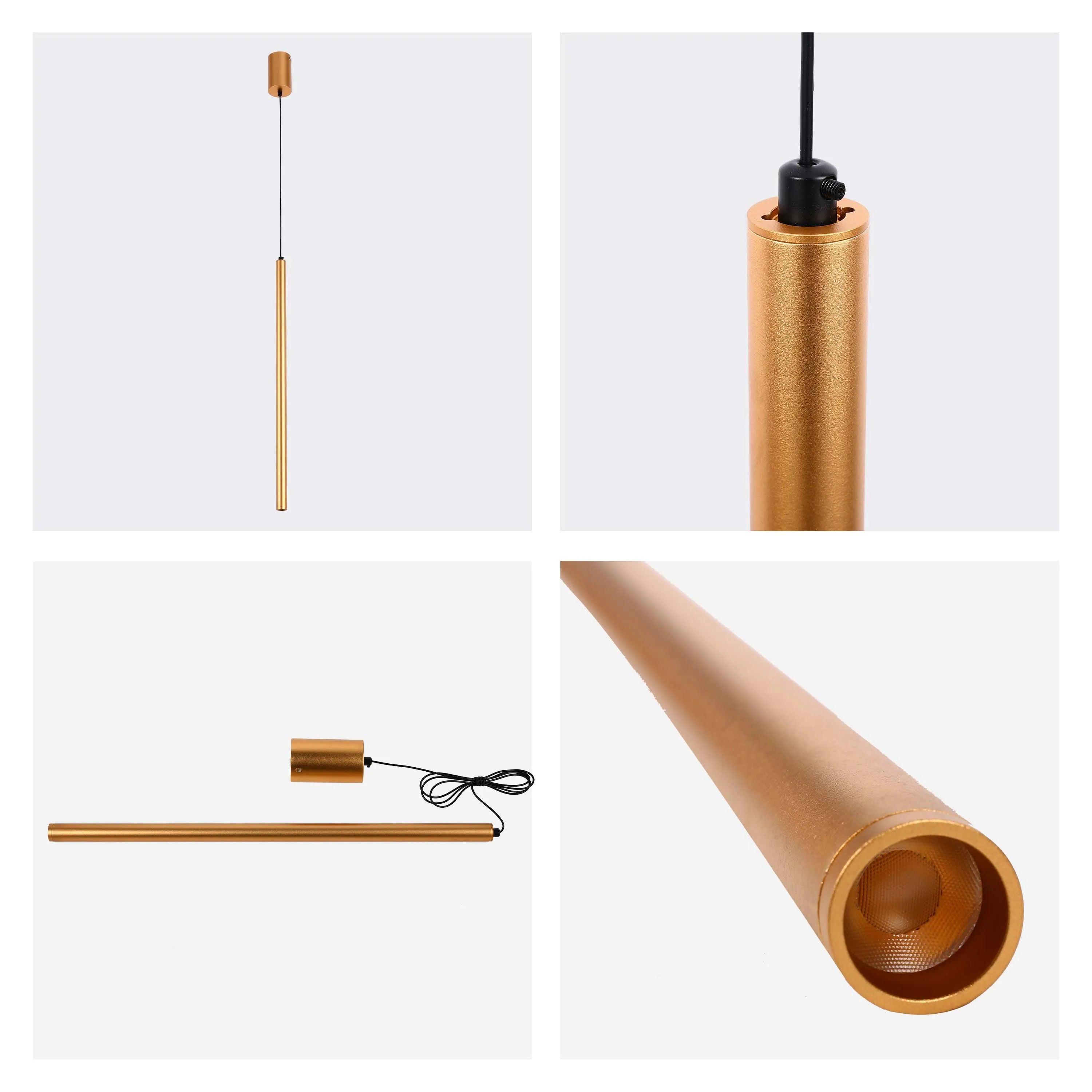 Gold-toned LED tube pendant light, suspended on a black cable. Minimalist design with bright, efficient illumination.